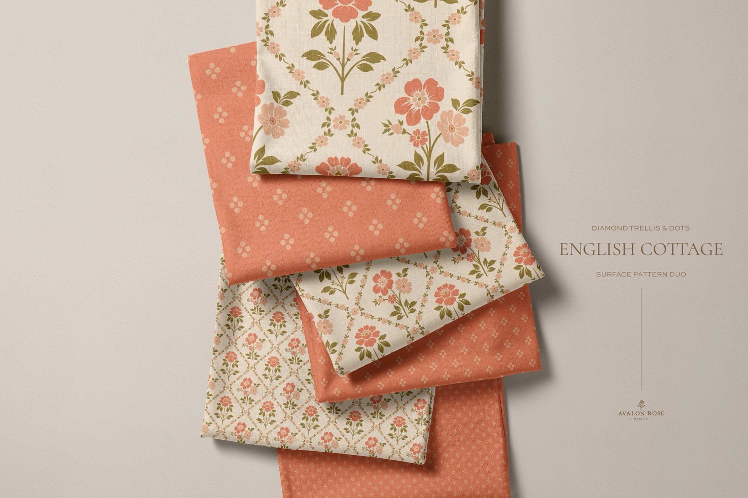 Vintage English Cottage pink diamond floral surface pattern design with pink polka dots on fabric swatches