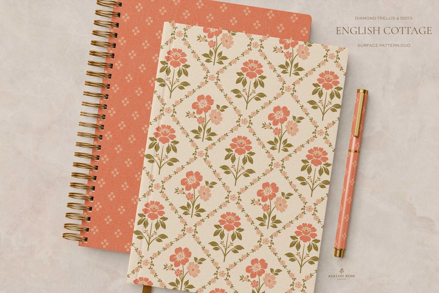 Vintage English Cottage pink diamond floral surface pattern design with pink polka dots on notebooks and a pen