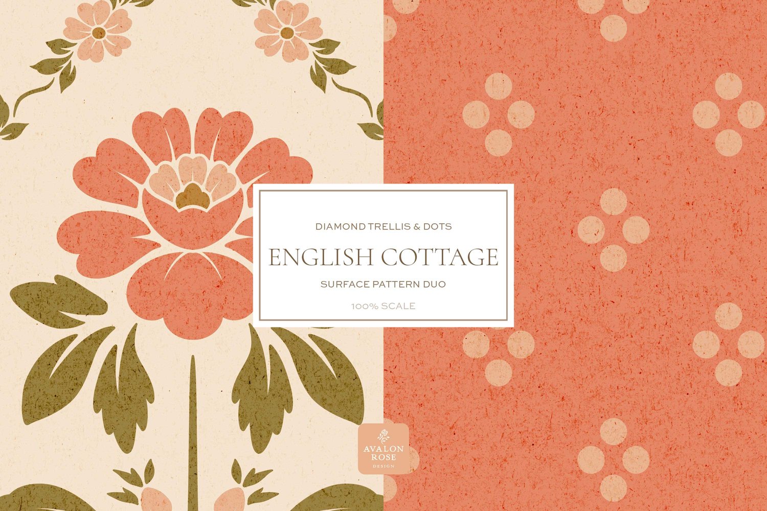 Vintage English Cottage pink diamond floral surface pattern design with pink polka dots
