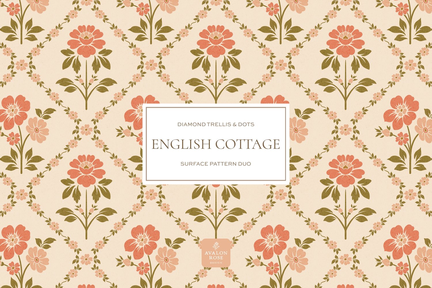 Vintage English Cottage pink diamond floral surface pattern design with pink polka dots