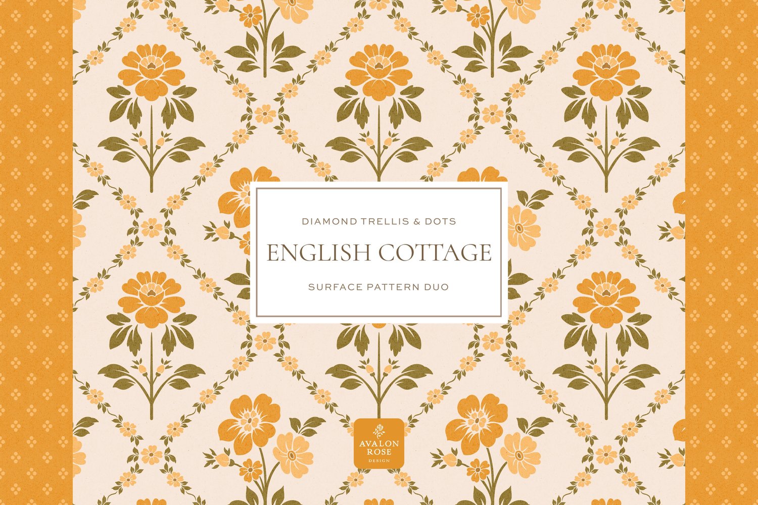 Vintage English Cottage yellow diamond floral surface pattern design with yellow polka dots