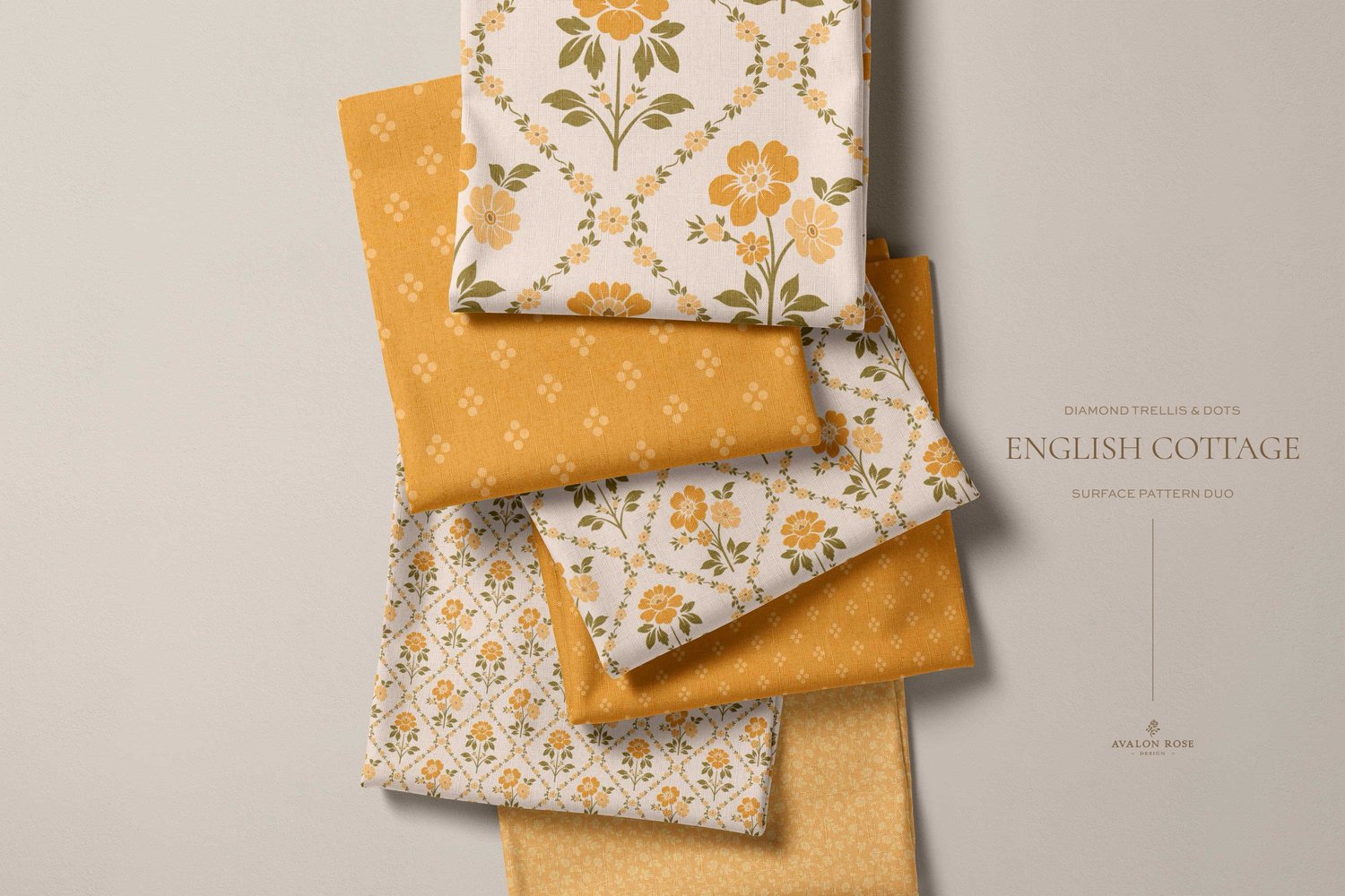 Vintage English Cottage yellow diamond floral surface pattern design with yellow polka dots on fabric swatches