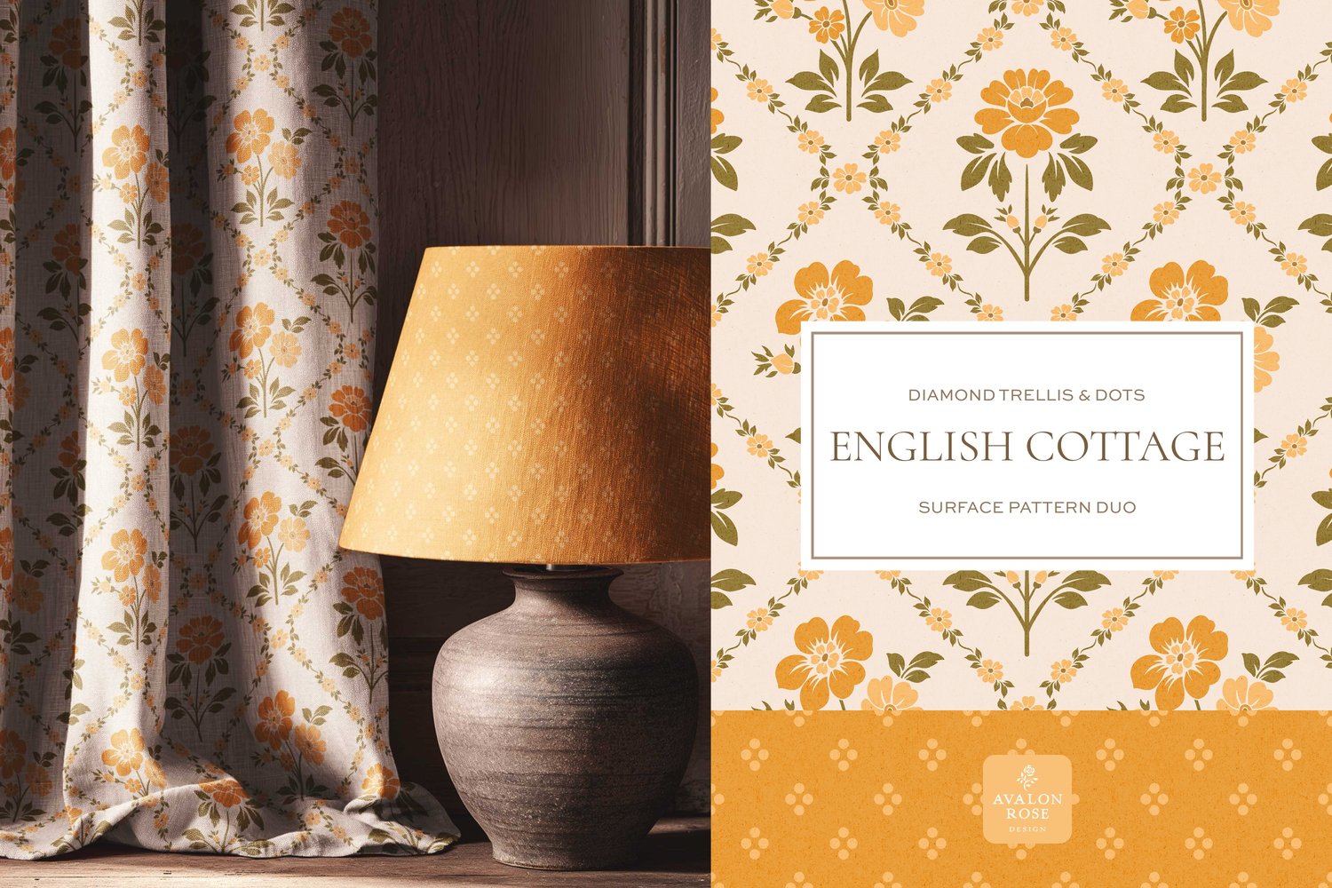 Vintage English Cottage yellow diamond floral surface pattern design with yellow polka dots on curtains and a lampshade