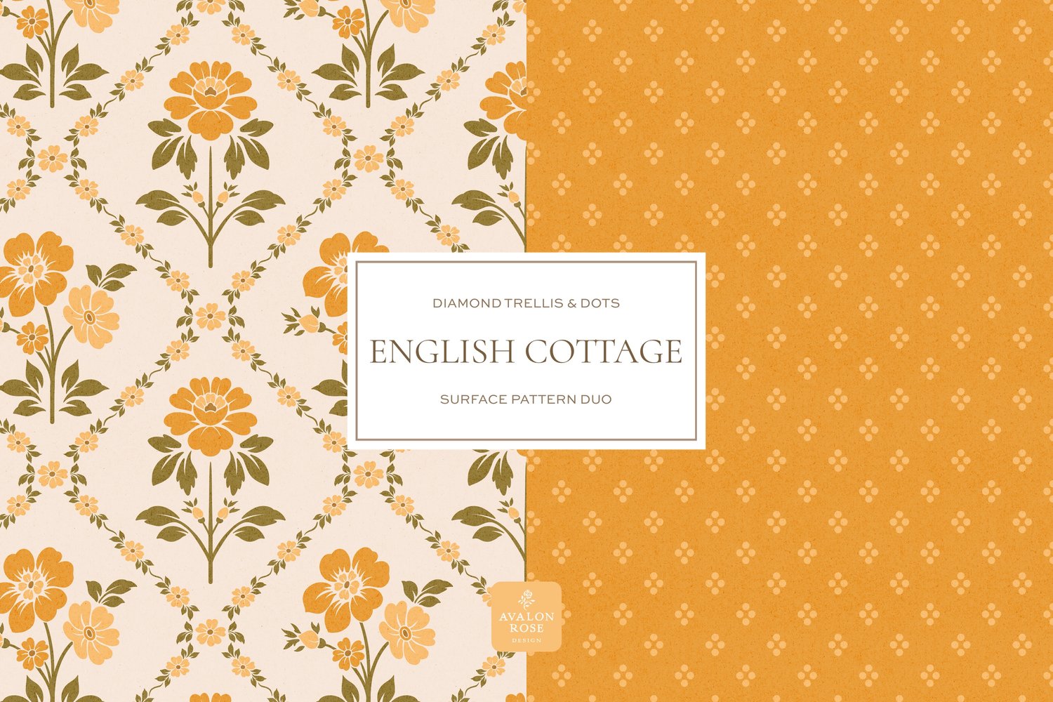 Vintage English Cottage yellow diamond floral surface pattern design with yellow polka dots