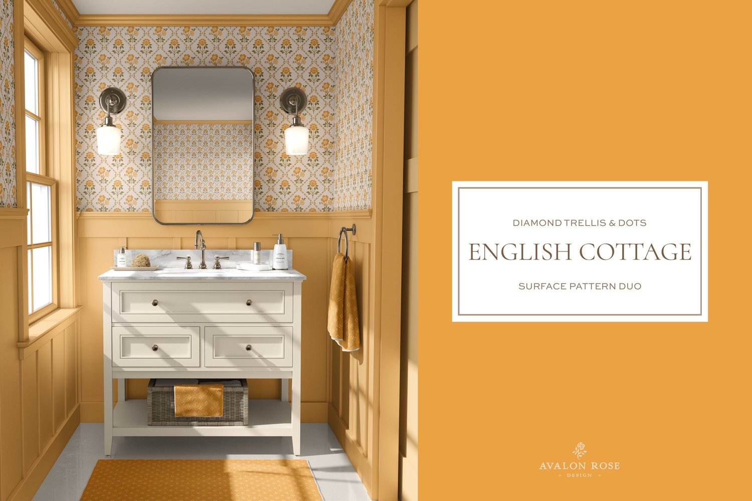 Vintage English Cottage yellow diamond floral surface pattern design with yellow polka dots on bathroom wallpaper