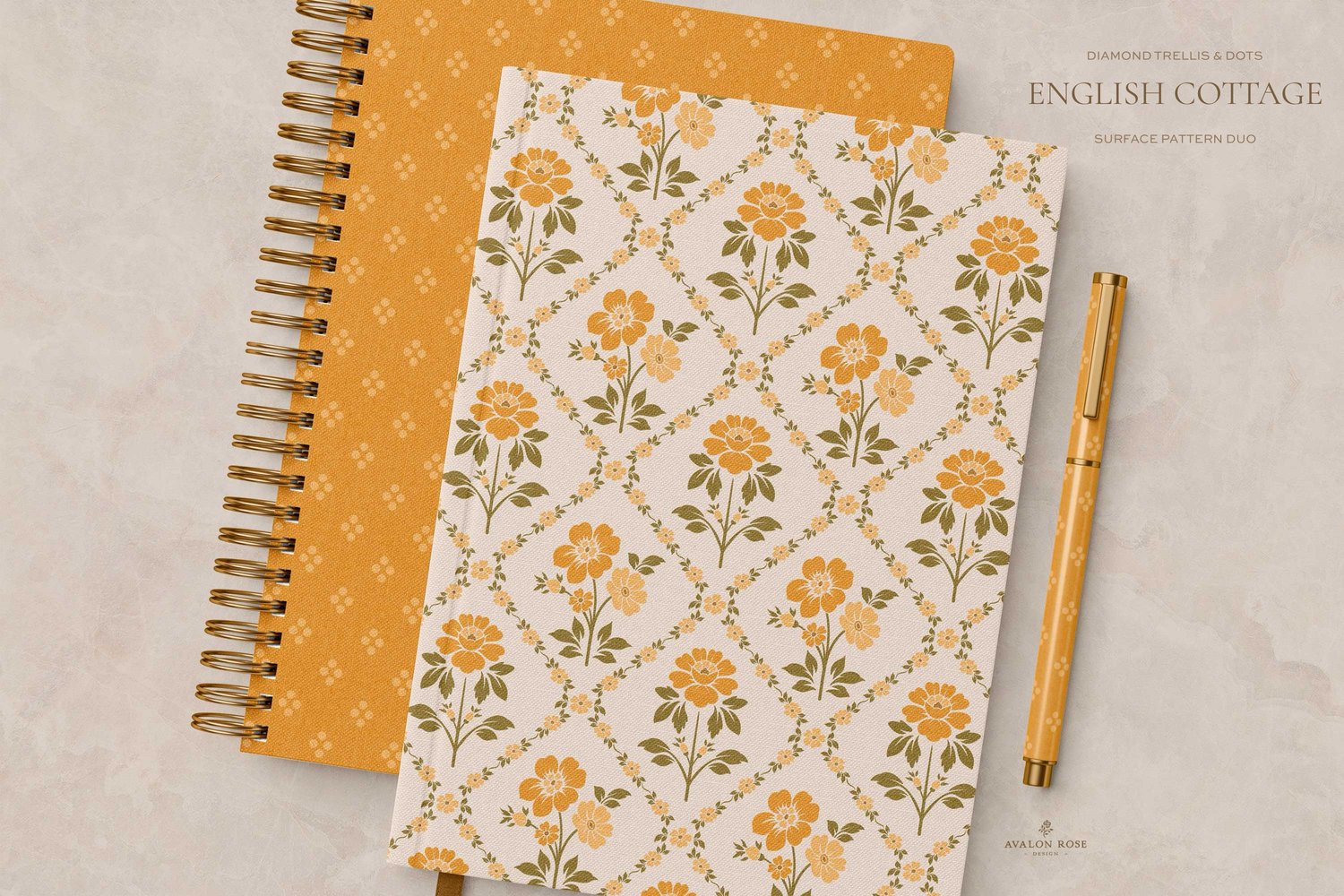 Vintage English Cottage yellow diamond floral surface pattern design with yellow polka dots on notebooks and a pen