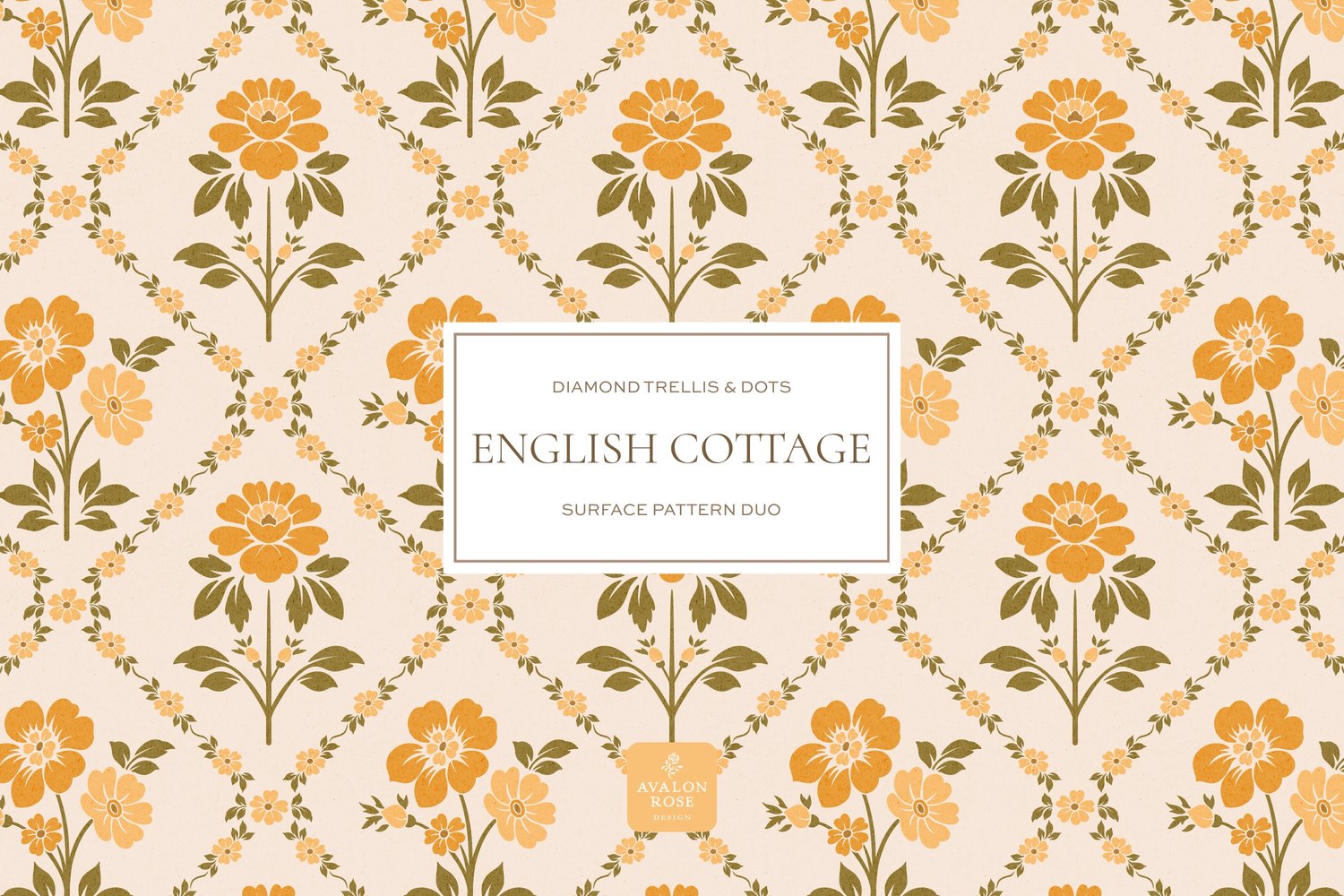 Vintage English Cottage yellow diamond floral surface pattern design with yellow polka dots