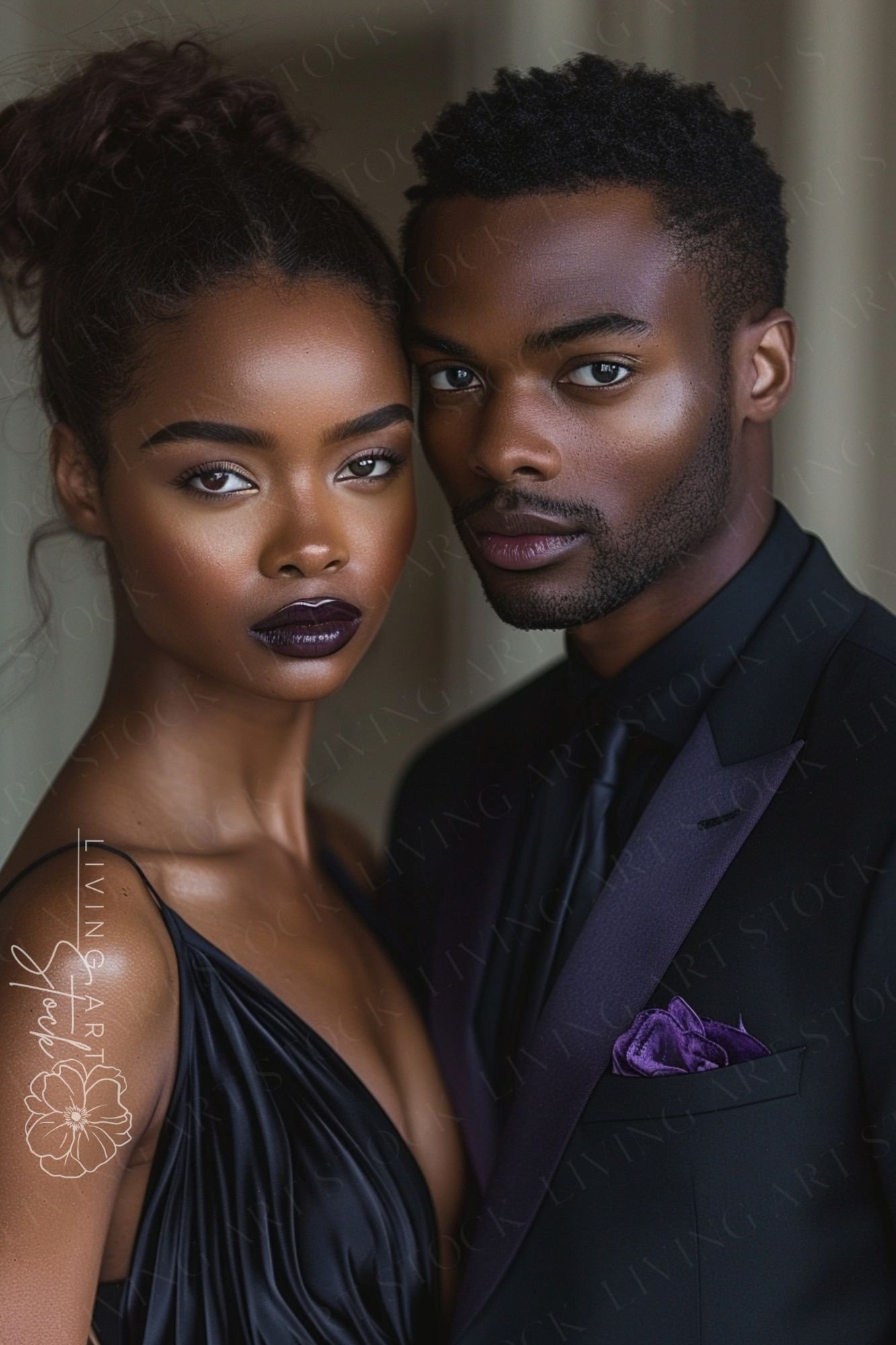 A sophisticated and intimate portrait of a young Black man and woman dressed for a high-end gala or formal event. The woman features a sleek updo, flawless glowing skin, and a bold dark plum lipstick that complements her black silk gown. The man is wearin