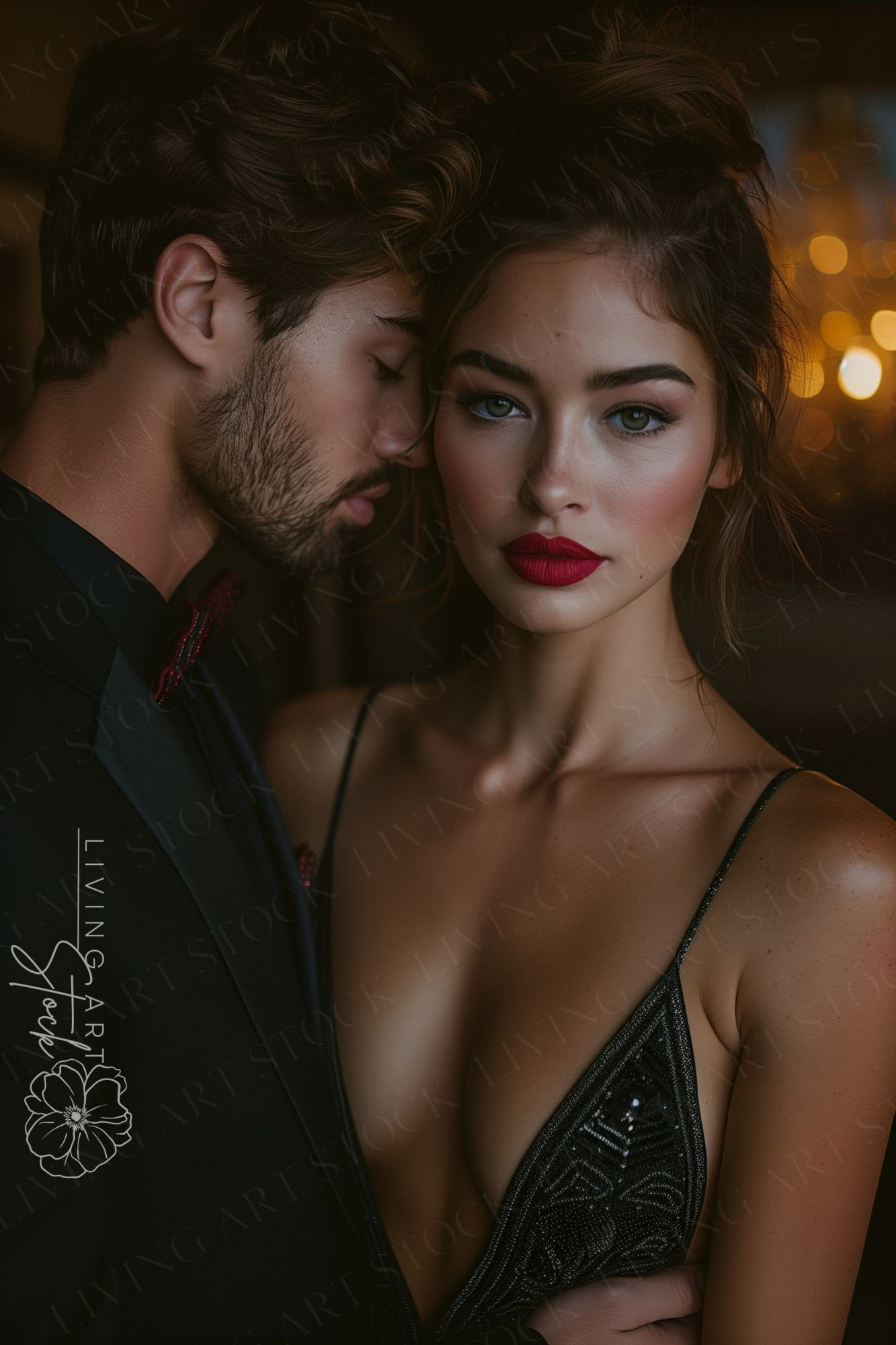 A cinematic, close-up shot of a sophisticated young couple in a dimly lit, upscale setting. The woman, featuring striking green eyes and bold red lipstick, gazes directly at the camera with a confident and alluring expression. She wears a black, intricate