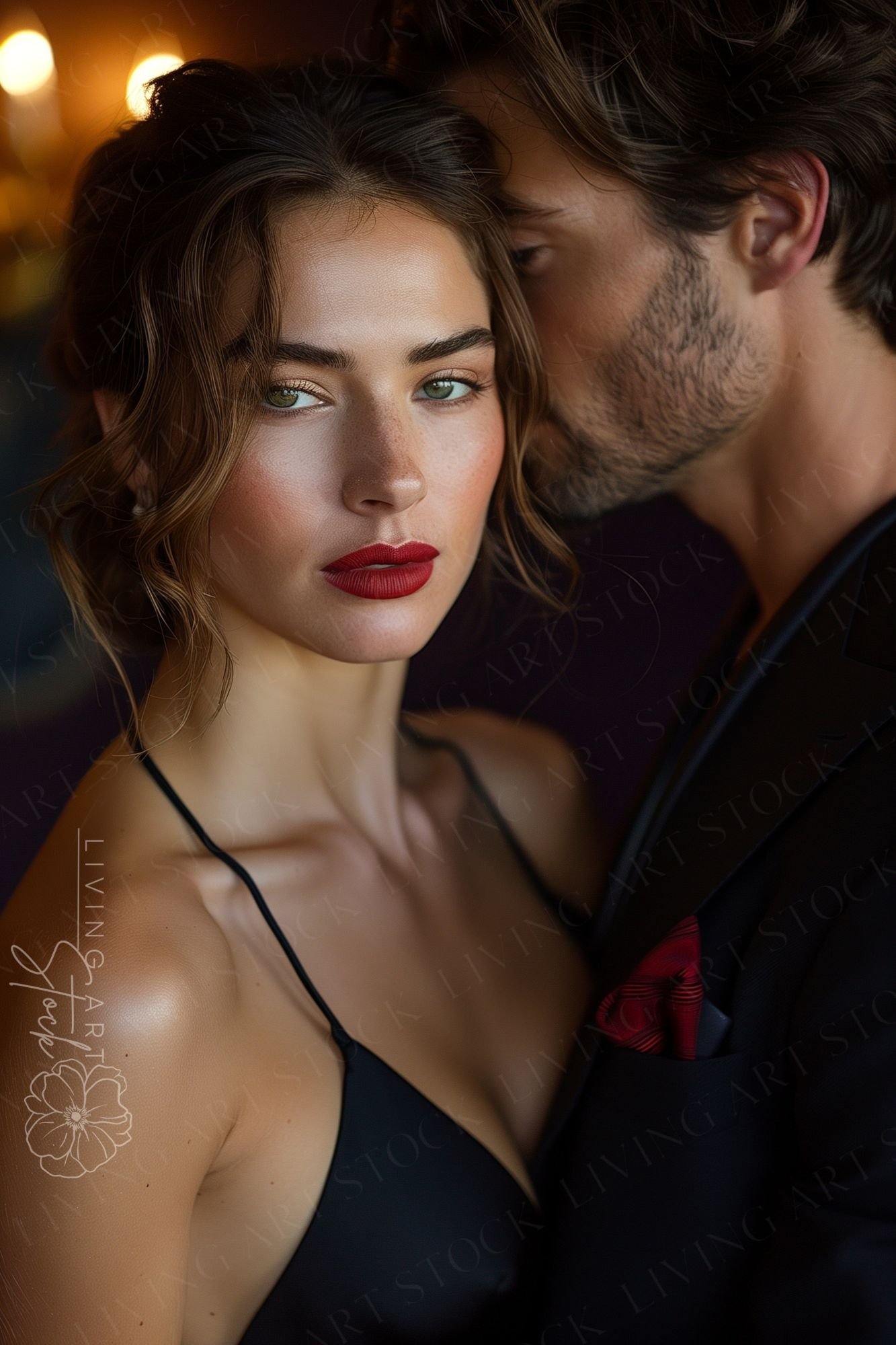 A high-contrast, intimate portrait of a glamorous couple in a luxury setting. The woman is the central focus, looking directly into the lens with a piercing gaze, featuring green eyes, light freckles, and bold matte red lipstick. She is wearing a sleek bl