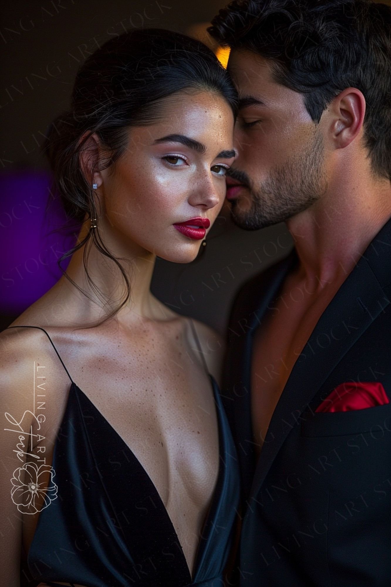 A high-fashion, cinematic portrait of a sophisticated young couple sharing an intimate moment. The woman features a striking look with bold red lipstick, dewy skin with freckles, and a plunging black satin gown. The man, partially in profile, wears a tail
