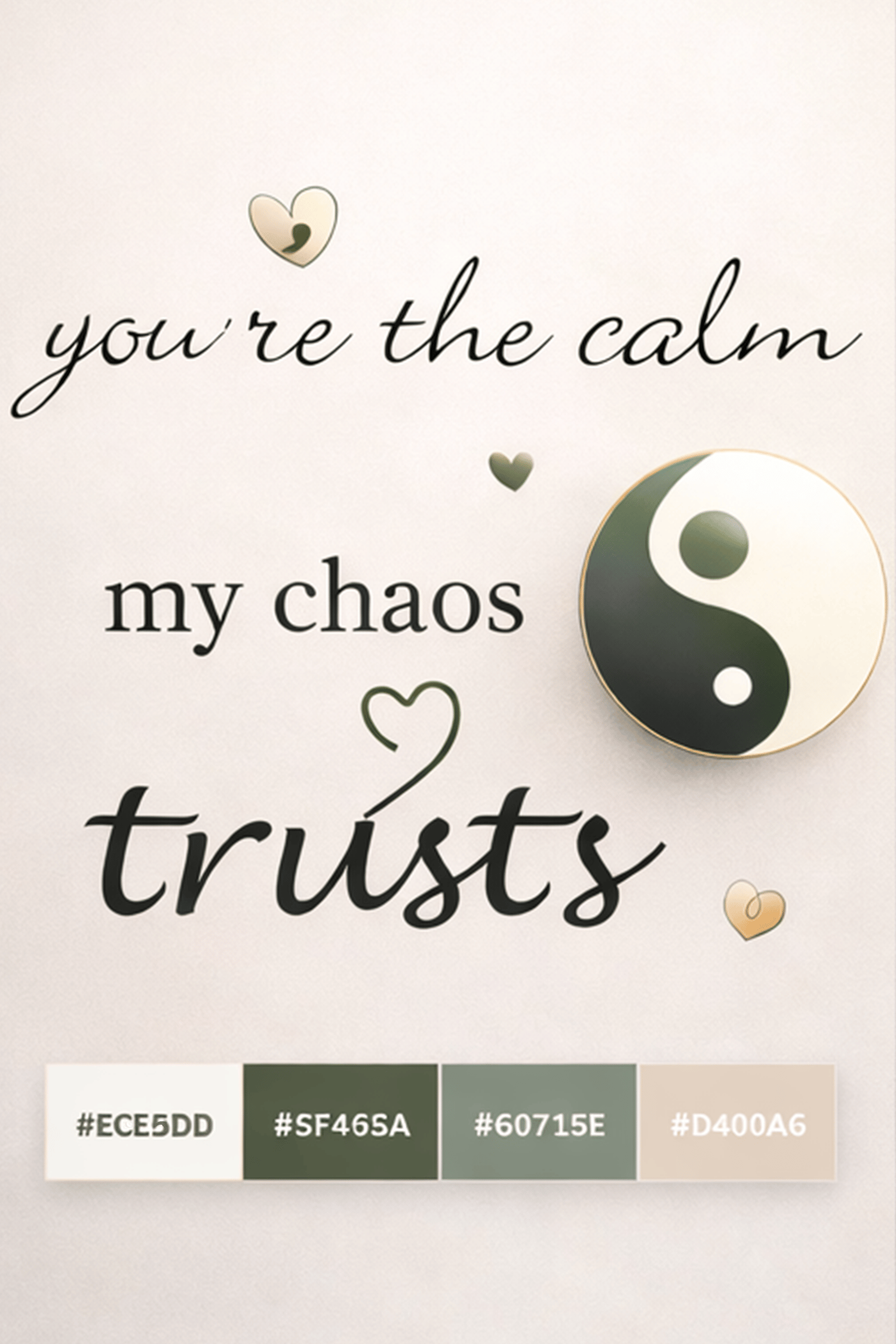 Minimalist quote art reading “you’re the calm my chaos trusts” with sage green yin-yang symbol on beige background.