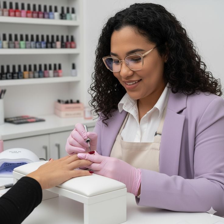 Nail technician efficiently applying gel polish in a modern studio, demonstrating strategies to speed up nail services without compromising quality
