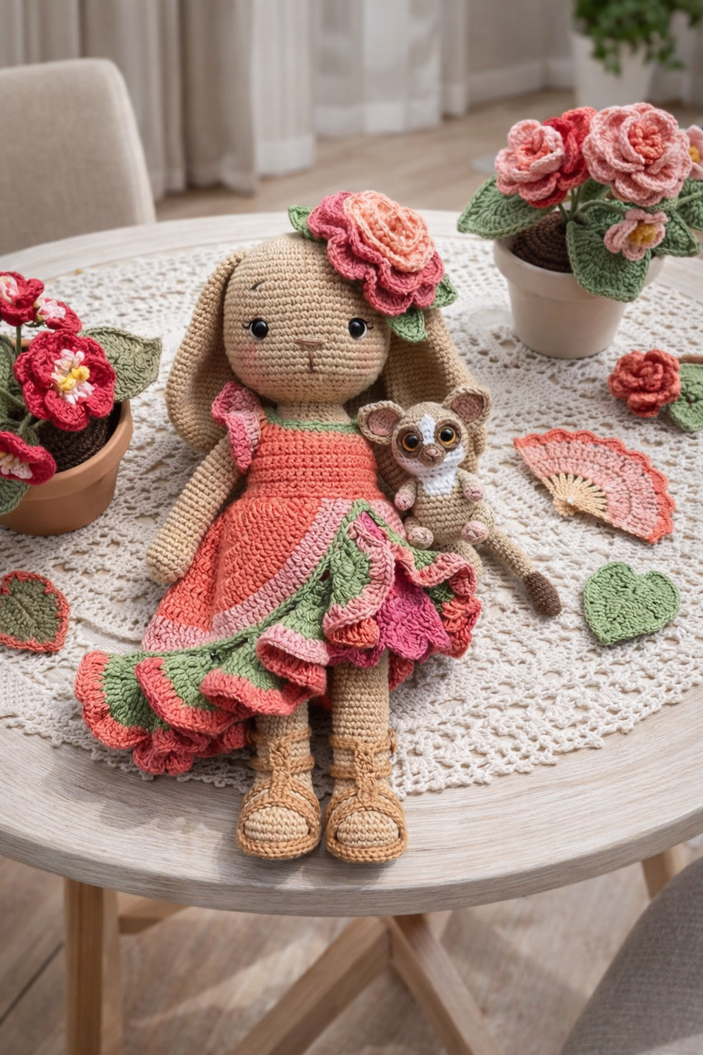 Floral Frill Bunny amigurumi crochet doll wearing a layered ruffle dress with floral accessories