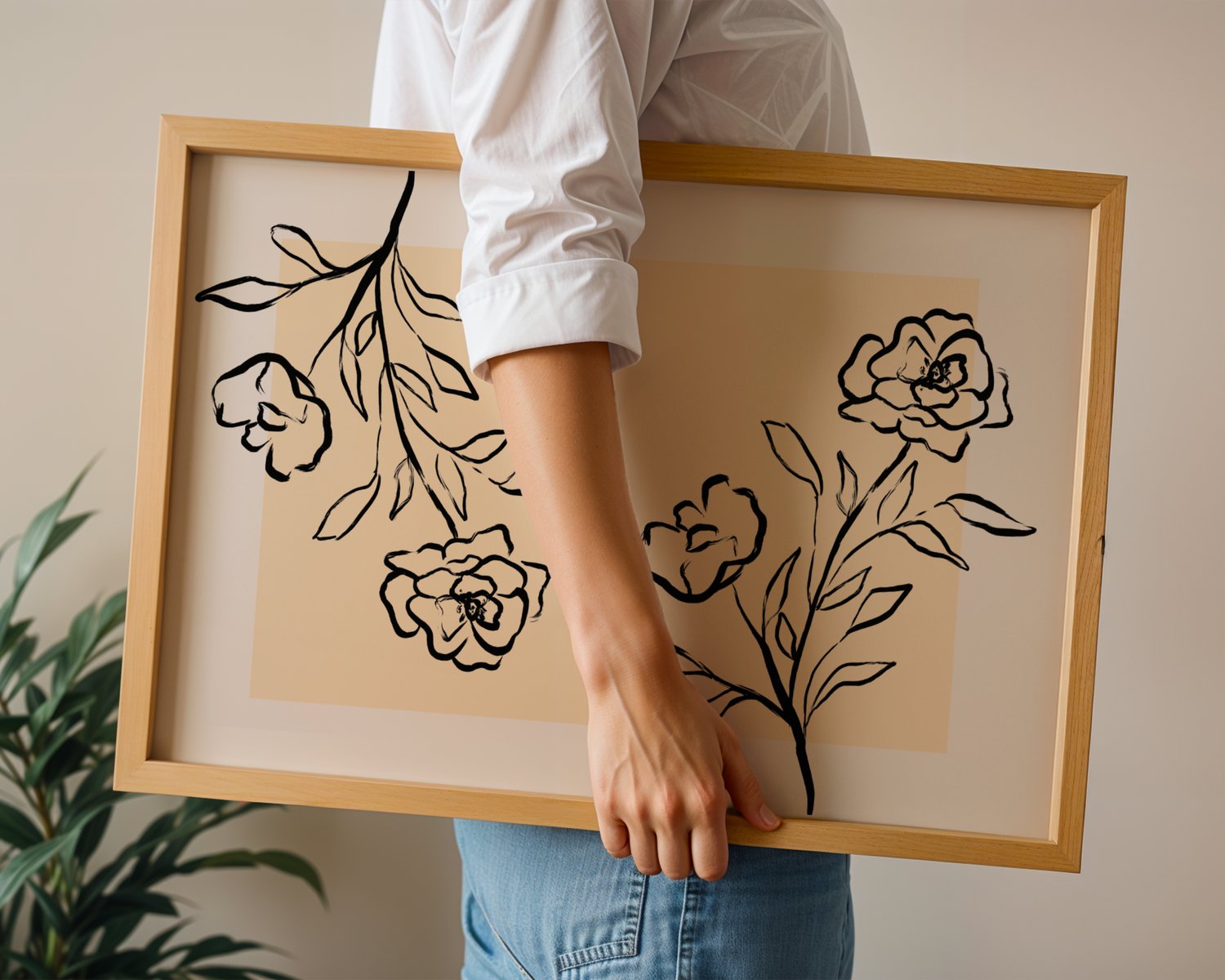 minimal floral wall art, botanical line art print, neutral wall art printable, floral line drawing art, modern botanical poster, minimalist flower wall decor, beige wall art download, printable floral art, Scandinavian wall art, Japandi decor print, boho 