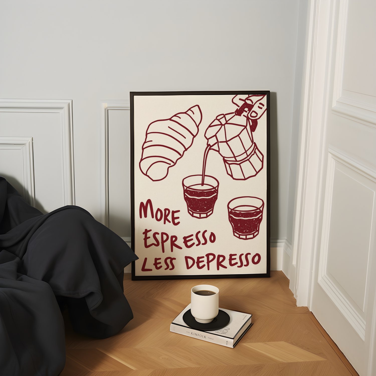 more espresso less depresso wall art, coffee wall art printable, funny coffee poster, espresso illustration print, kitchen wall art, coffee quote poster, burgundy wall art, cafe wall decor, modern coffee art, digital download wall art, printable kitchen d