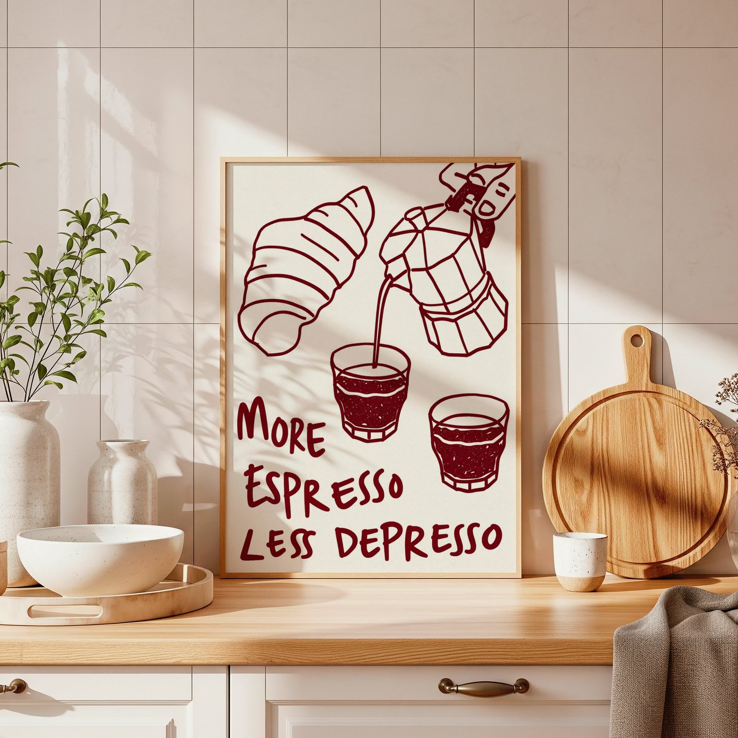 more espresso less depresso wall art, coffee wall art printable, funny coffee poster, espresso illustration print, kitchen wall art, coffee quote poster, burgundy wall art, cafe wall decor, modern coffee art, digital download wall art, printable kitchen d