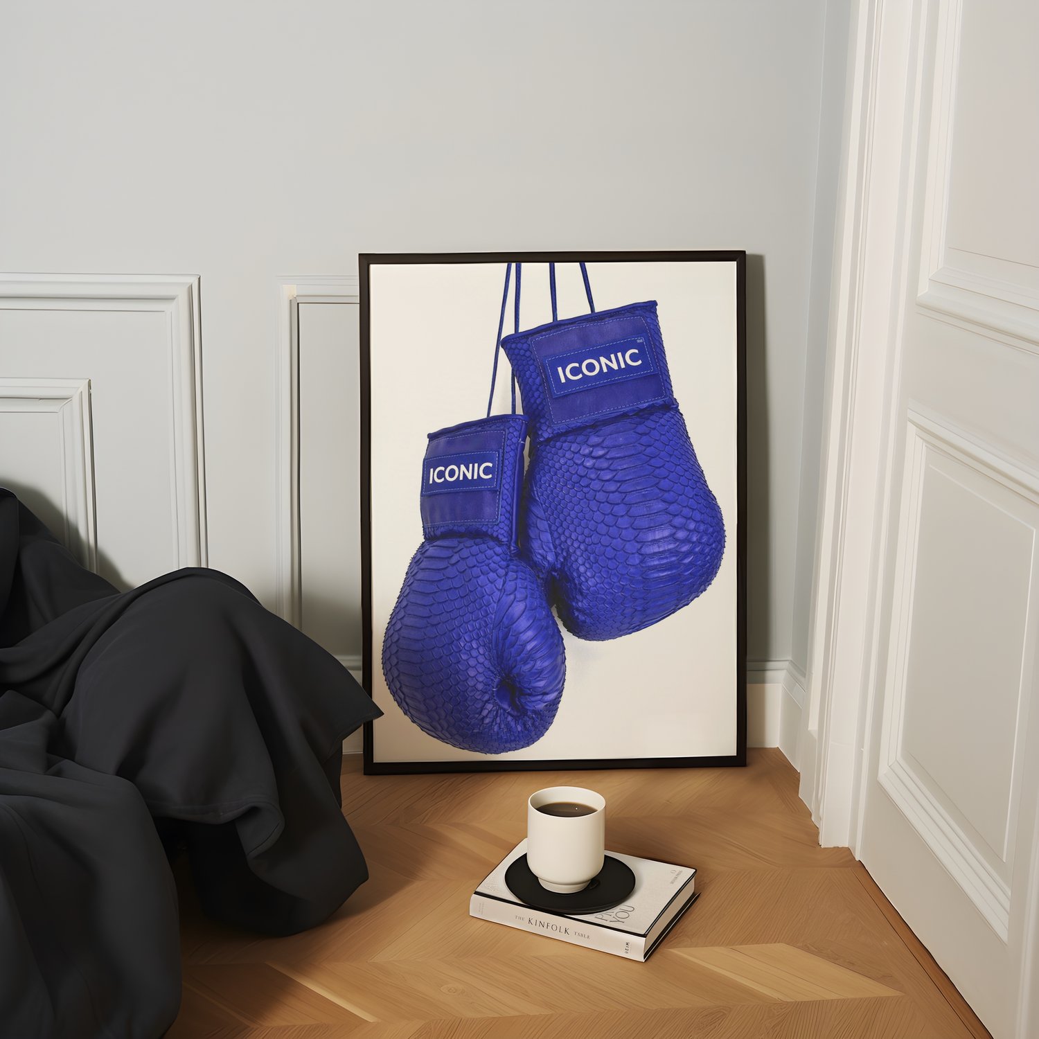 iconic boxing gloves wall art, boxing gloves illustration print, blue boxing wall art, fashion boxing poster, luxury boxing decor, modern gym wall art, fashion sports illustration, statement wall art print, contemporary wall decor, designer style wall art