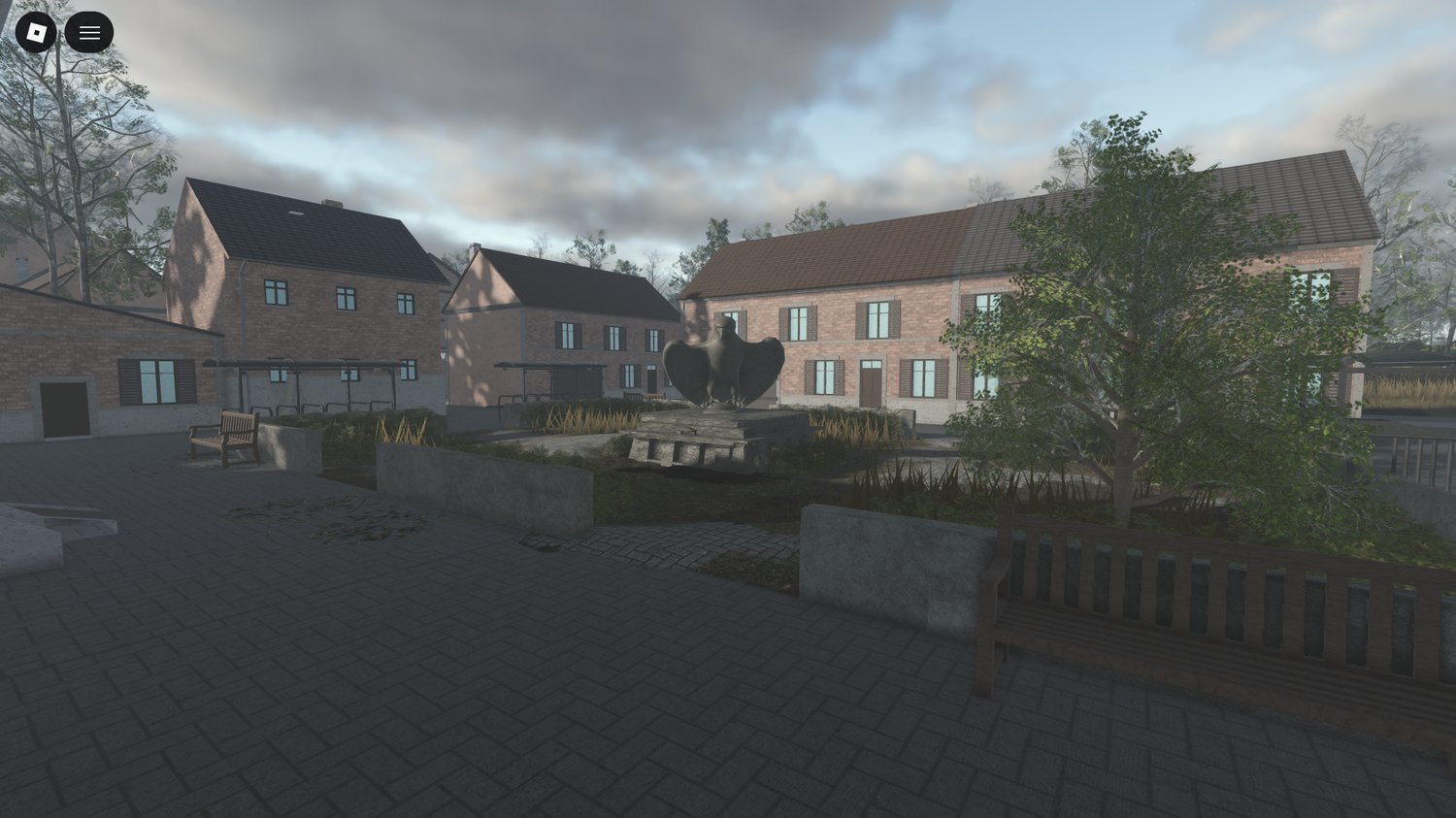 Charred and ruined buildings in warzone map