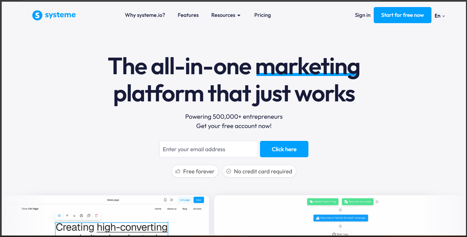 Systeme.io Homepage: The All-In-One Marketing Platform That Just Works
