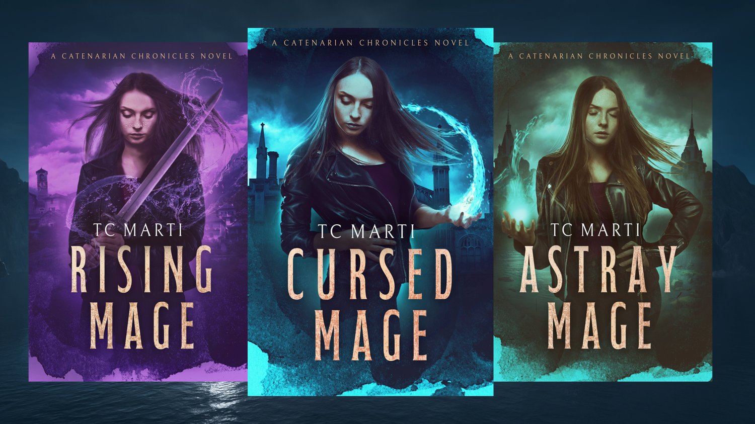 Catenarian Chronicles covers, featuring a dark-haired girl with pale skin conjuring water