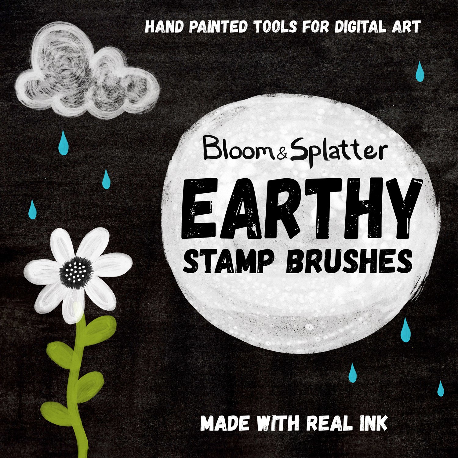 Hand Painted Tools for Digital Art. Made with Real INK. Bloom & Splatter Earthy Stamp Brushes