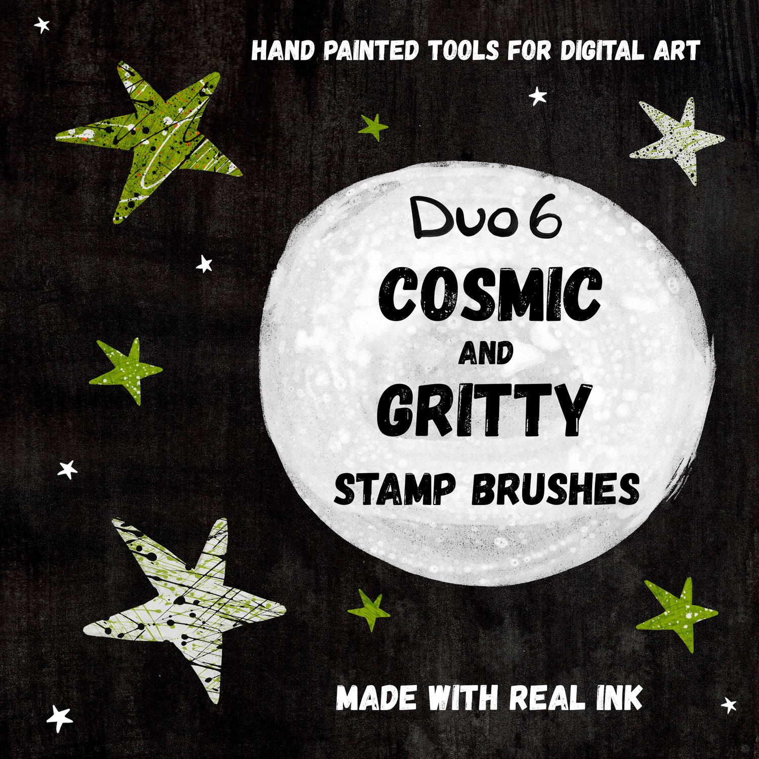 Hand Painted Tools for Digital Art. Made with Real - Duo 6 - Cosmic and Gritty Stamp Brushes. Stamp Shapes - Paint Splattered Stars