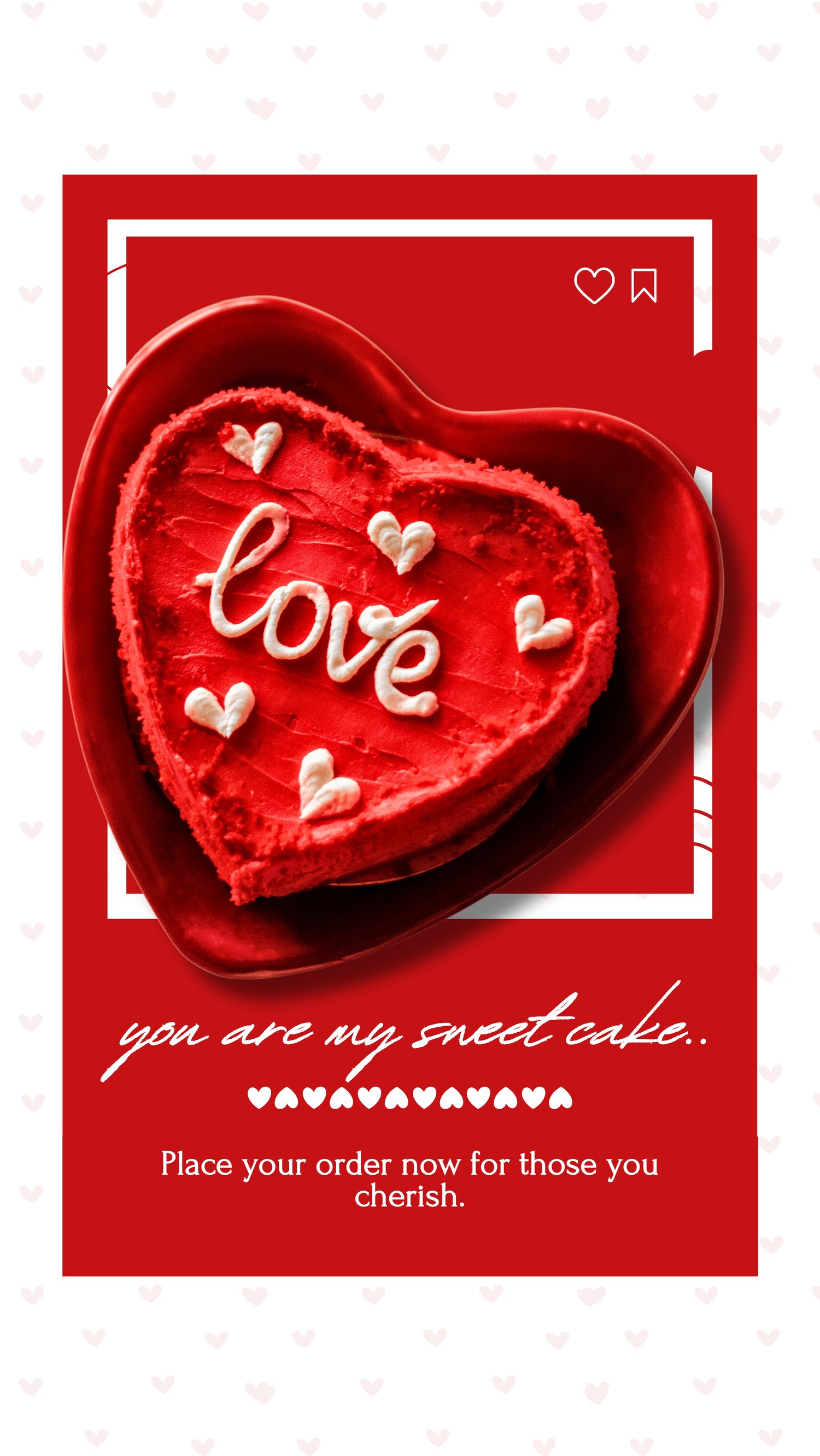 Heart-shaped red velvet Valentines Day cake with "Love" written in icing, digital greeting card design on a red and white background.