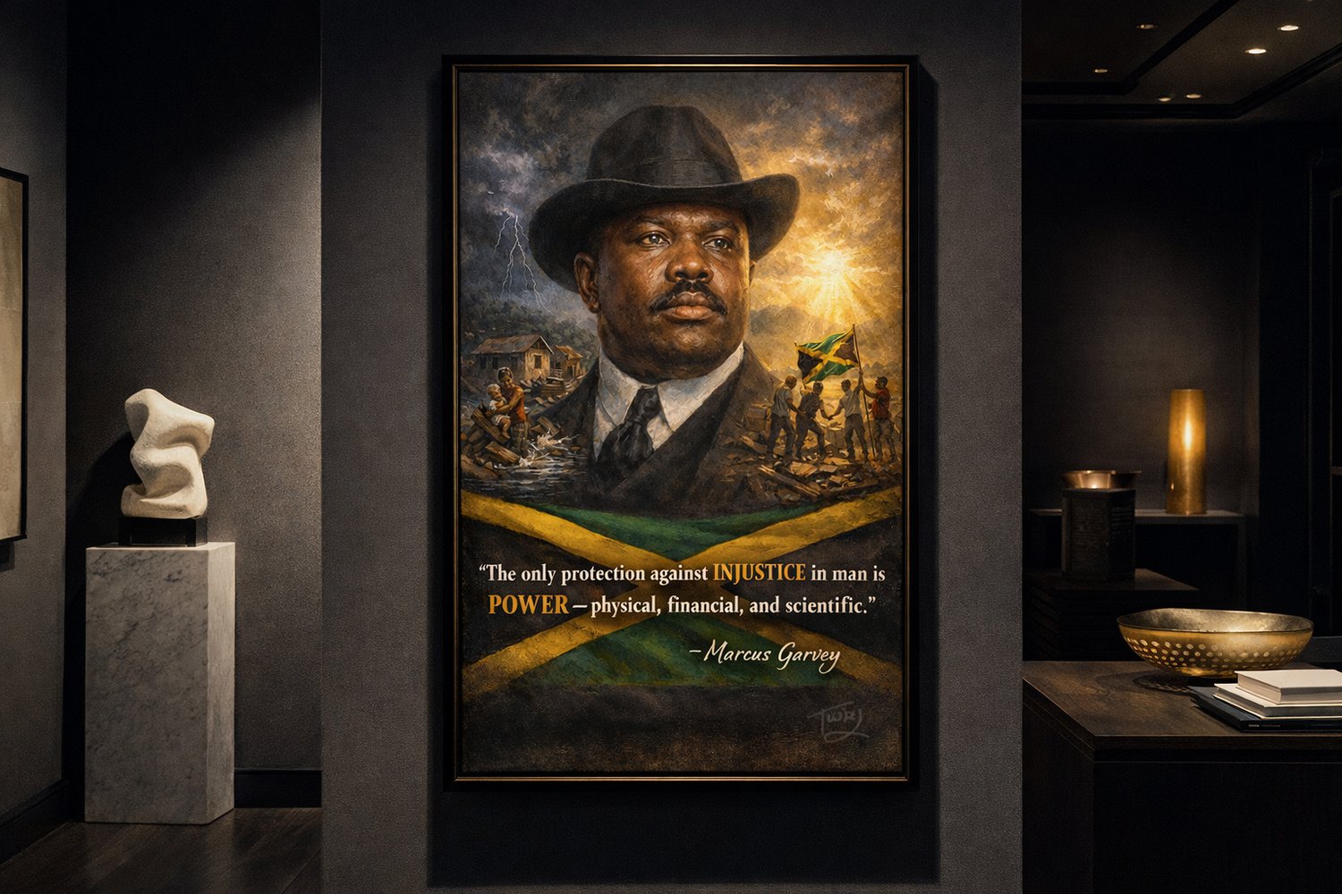 Luxury gallery wall display featuring the “Marcus Garvey Power” Caribbean heritage artwork, an inspirational Black history art print styled in an elegant modern interior for collectors.