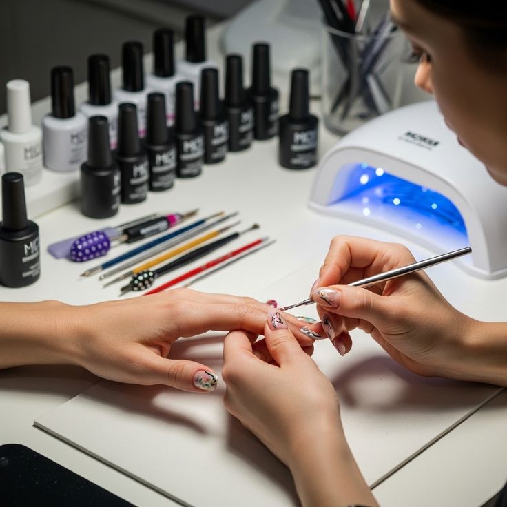 Nail technician arranging high-quality photos of nail designs on a laptop, demonstrating how to create a portfolio that attracts clients