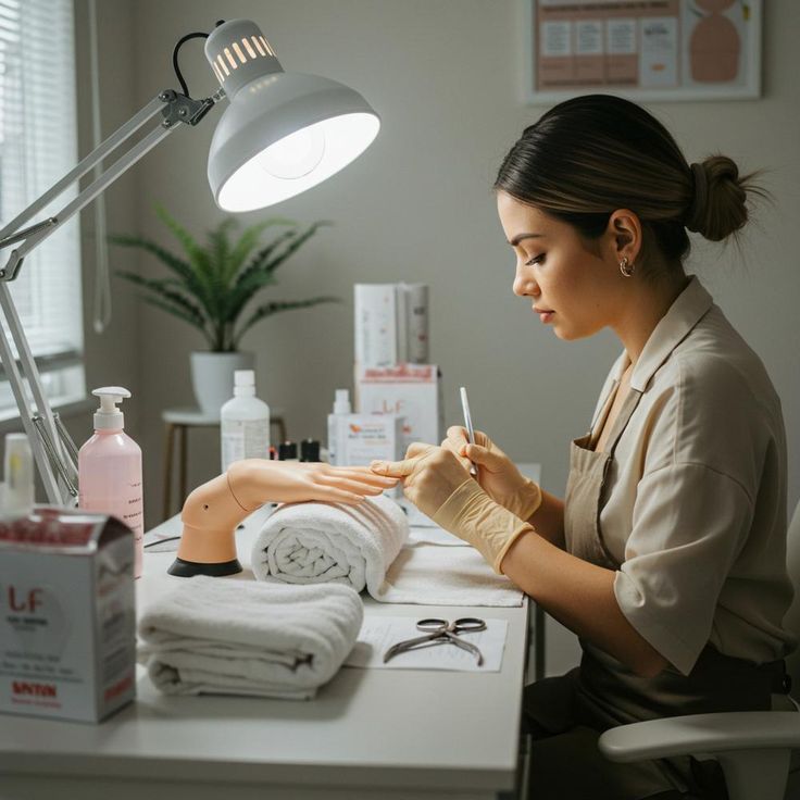 Nail technician taking a break at a clean studio workstation, demonstrating strategies to prevent and recover from burnout.