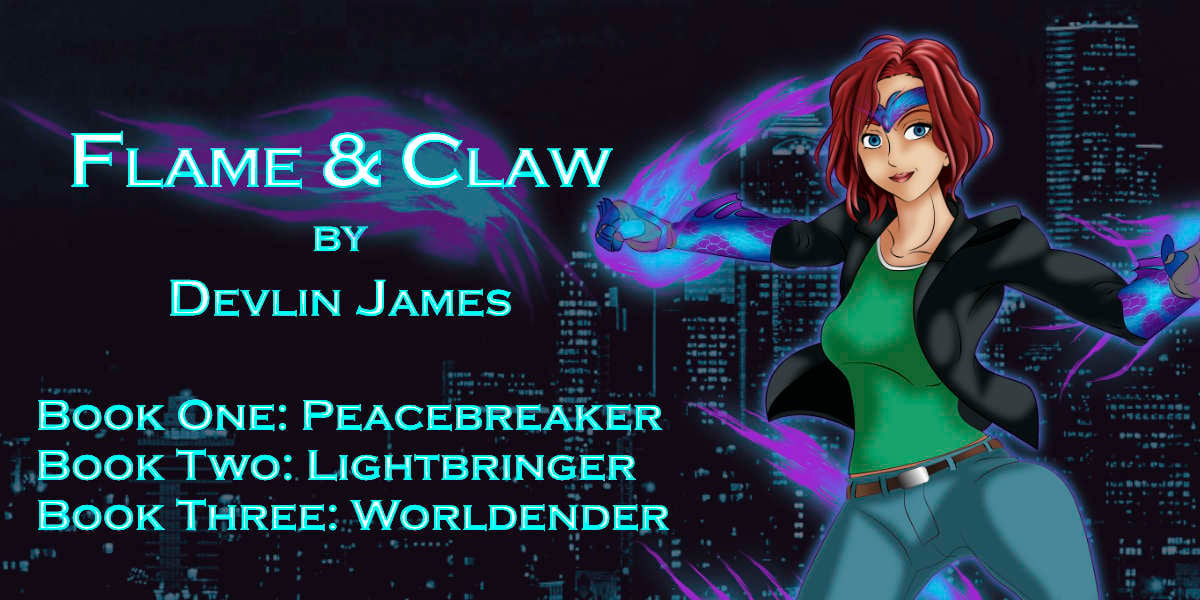 Digital art advertising Flame & Claw, an urban fantasy trilogy set in Seattle, WA, USA. The art features a slice of the night time city skyline, awash in deep blue hues. Suspended as if by magic at the right is a young woman - Sara Osborn- wearing a black