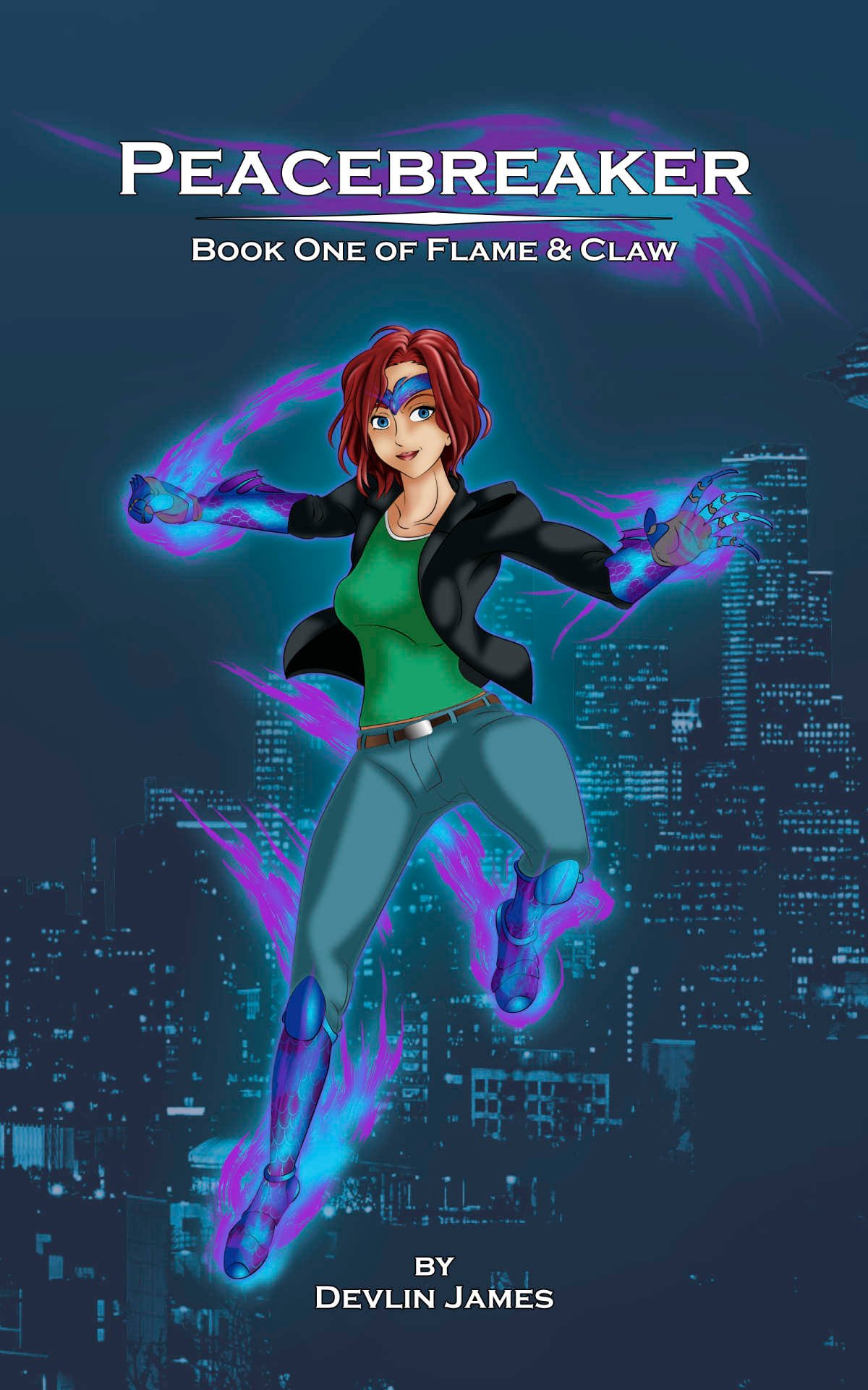 Digital art of the cover for Peacebreaker, book one of Flame & Claw, an urban fantasy trilogy set in Seattle, WA, USA. The cover features a slice of the night time city skyline, awash in deep blue hues. Suspended as if by magic in the center is a young wo