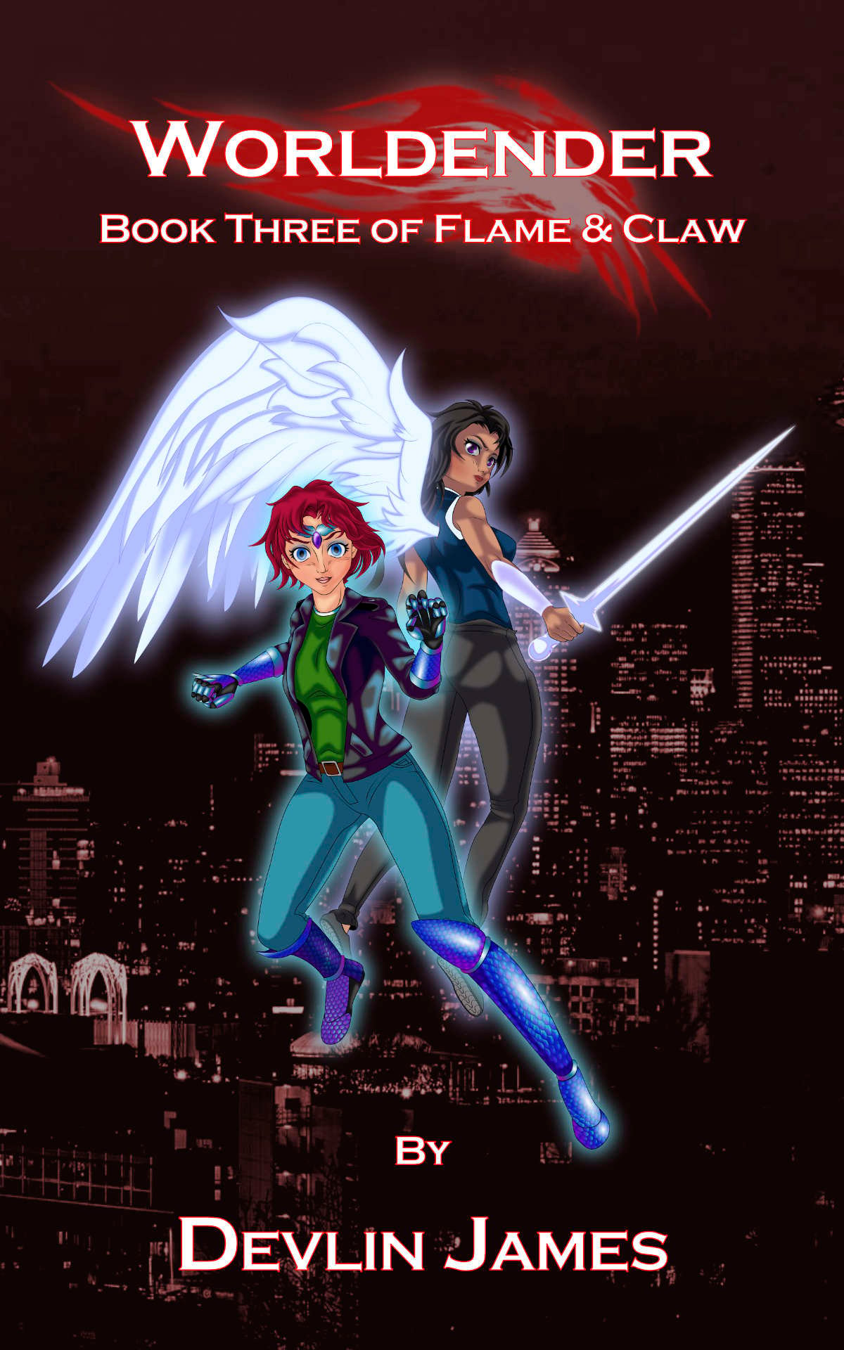 Digital art of the cover for Worldender, book three of Flame & Claw, an urban fantasy trilogy set in Seattle, WA, USA. The cover features a slice of the night time city skyline, awash in deep golden hues. Suspended in the center is a pair of young women -