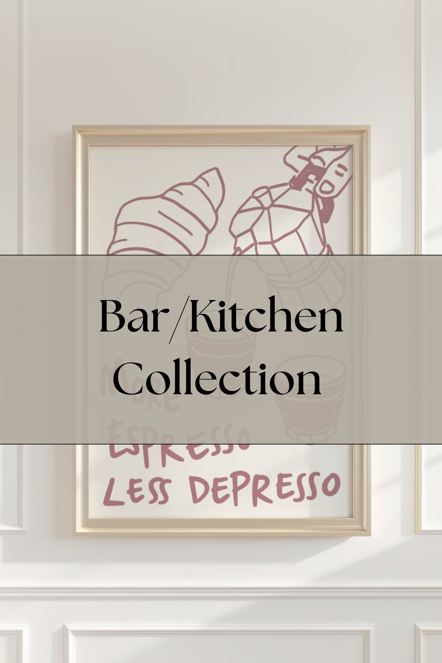 Bar and kitchen wall art collection featuring modern prints designed for home bars, kitchens, and dining spaces. This image shows decorative posters suitable for contemporary kitchen decor and bar area styling.