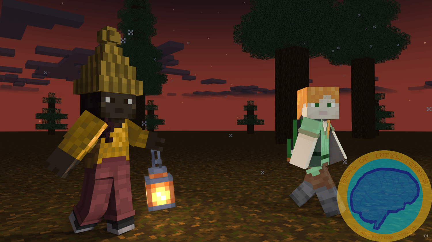 2 minecraft characters wearing a bennie and a backpack