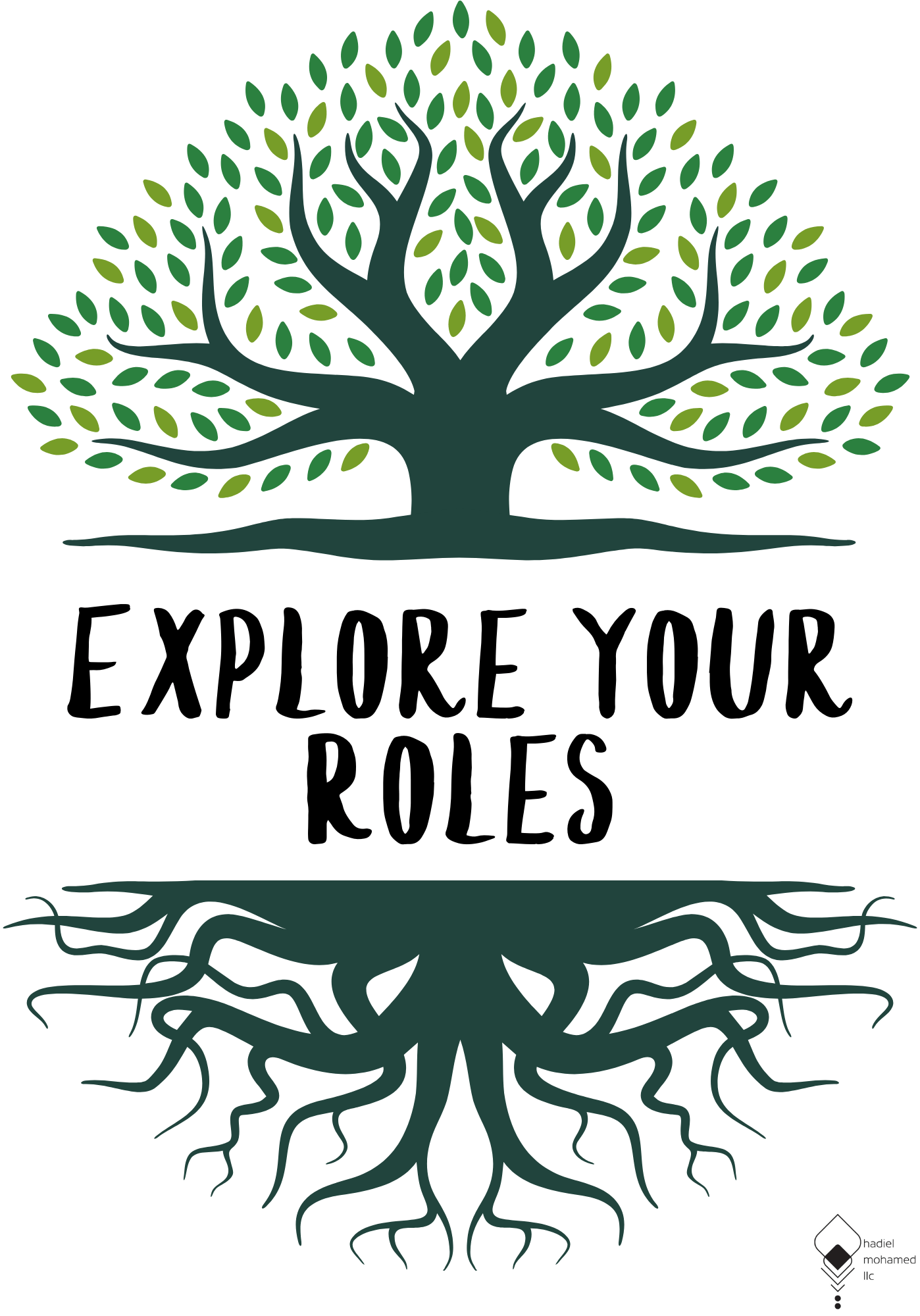 graphic of dark green tree with various shades of green leaves, text below "Explore Your Roles," graphic below dark green tree roots. Right corner Hadiel Mohamed LLC & logo.