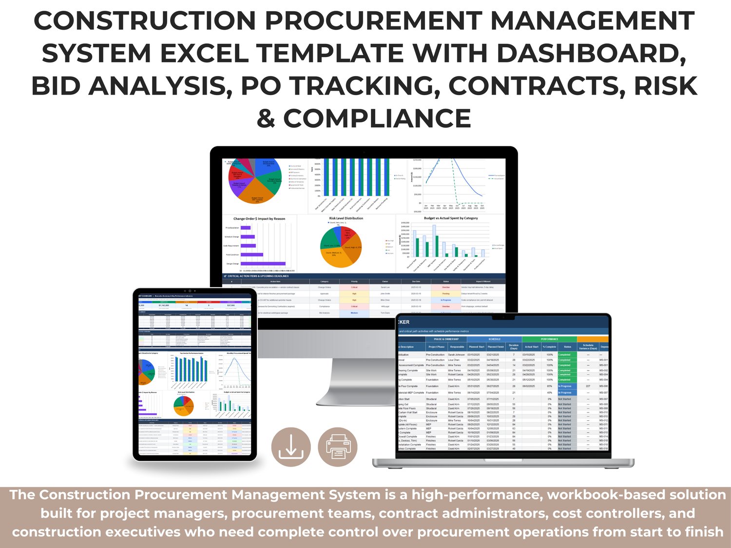 Construction Procurement Management System Excel template with executive dashboard, procurement KPIs, budget health, vendor performance, risk distribution, and critical action tracking