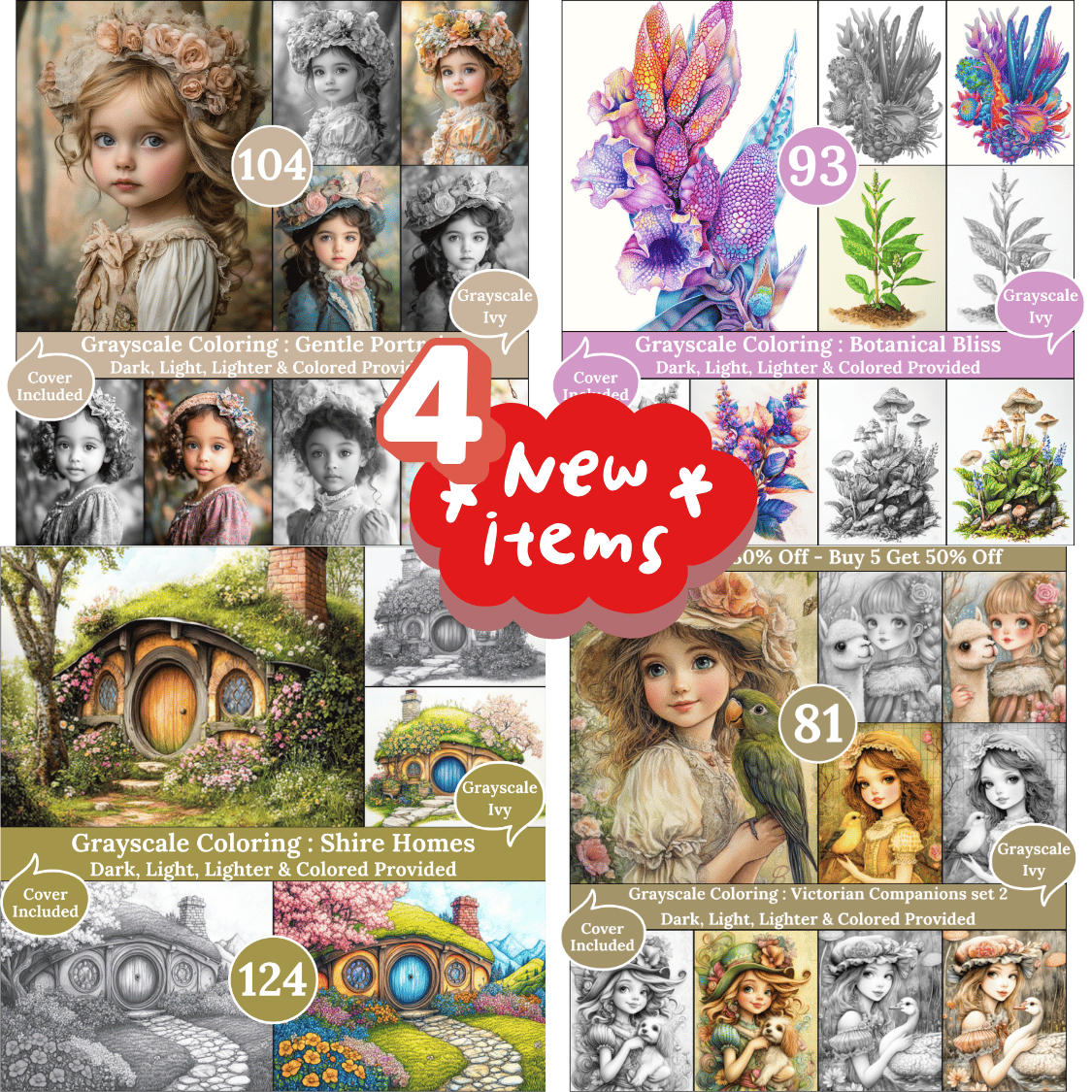 Grayscale Ivy New Arrivals — April 04, 2026 4 New Grayscale Coloring Books for Adults – Printable Digital PDFs Each book includes Dark, Light, Lighter & Colored versions, ideal for peaceful and creative coloring moments.