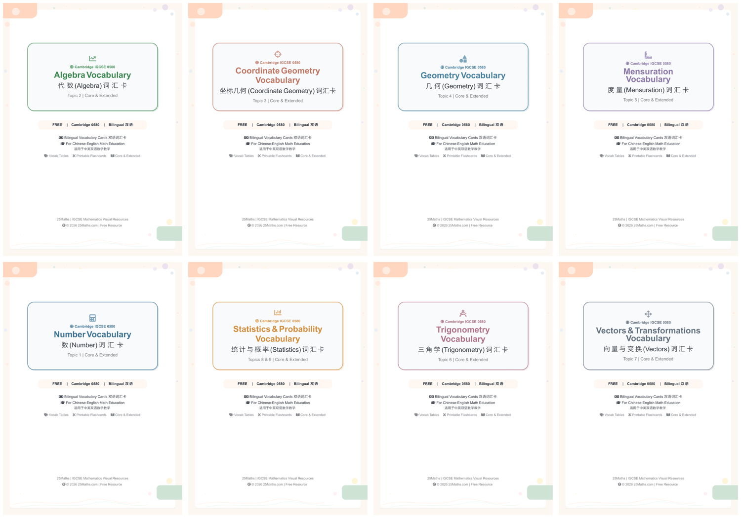 All 8 CIE 0580 bilingual vocabulary card covers — Algebra, Coordinate Geometry, Geometry, Mensuration, Number, Statistics, Trigonometry, Vectors