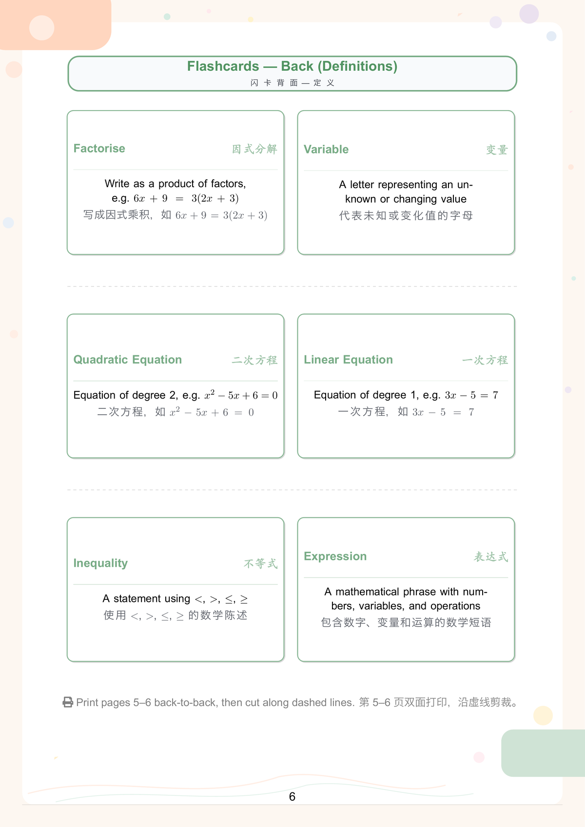 Algebra flashcard — Variable, Factorise, Linear Equation, Quadratic Equation, Sequence, Inequality