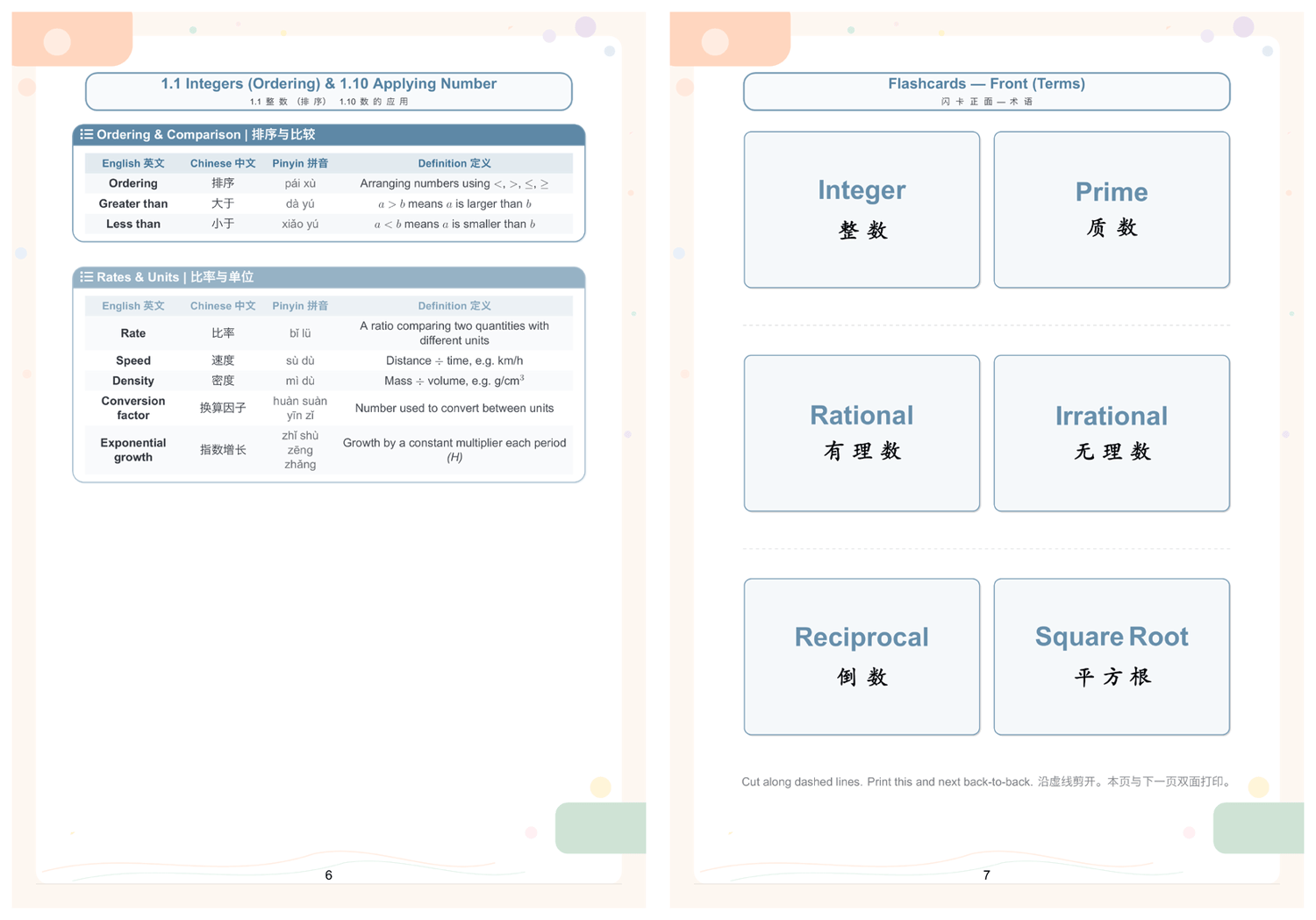 Number flashcard front (terms) and back (definitions) — print back-to-back for self-study