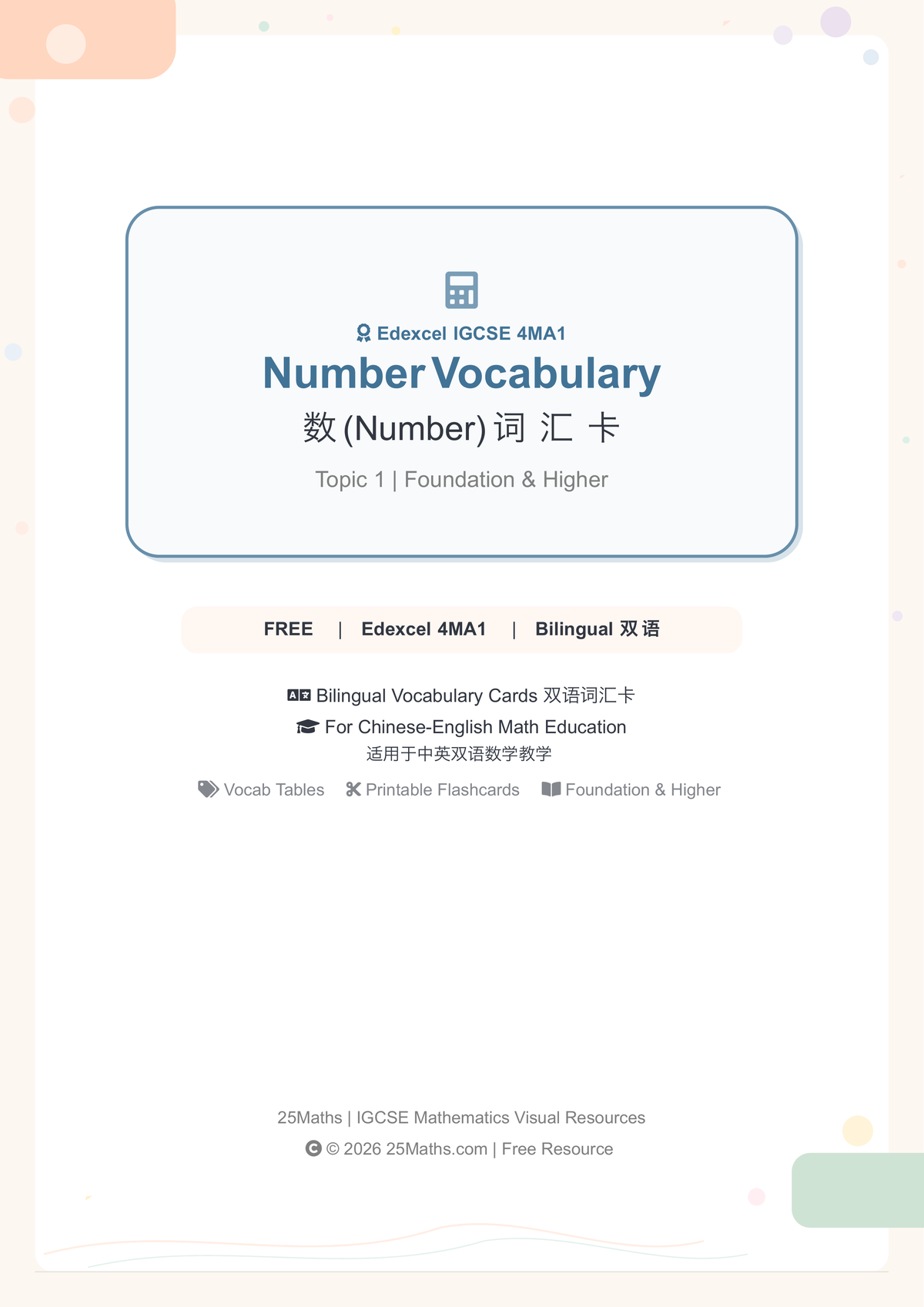 Number Vocabulary card set cover — Edexcel 4MA1, bilingual, Foundation & Higher