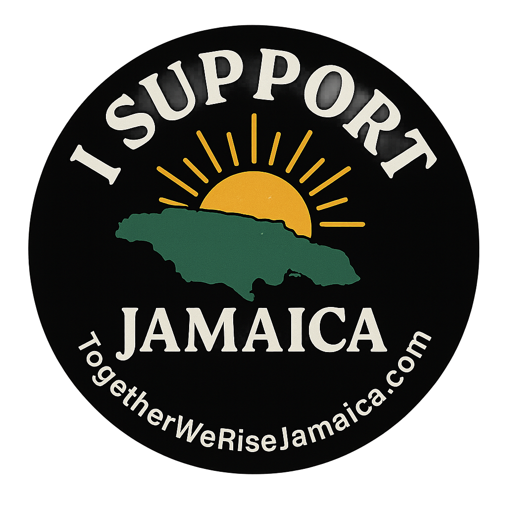 Circular I Support Jamaica badge graphic with island and rising sun design