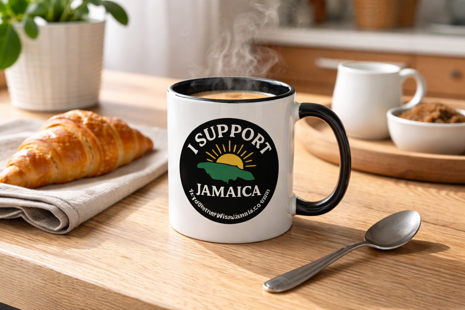 Breakfast setting depicting white coffee mug with I Support Jamaica graphic and black handle