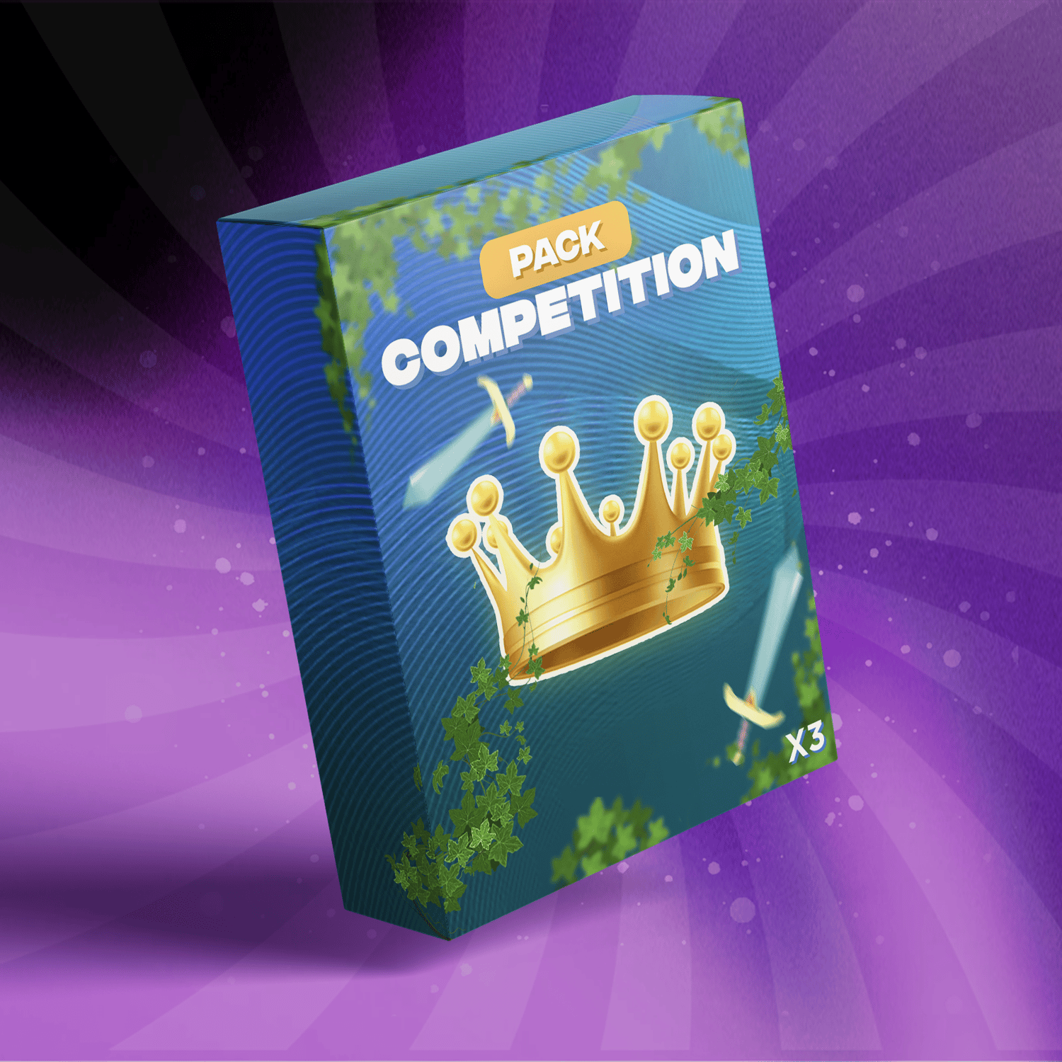 Illustration sur fond violet présentant une boîte du pack competition avec une couronne et le titre "pack competition" et boîte 3D bleue ornée d'une couronne dorée pour les vidéos Youtube.