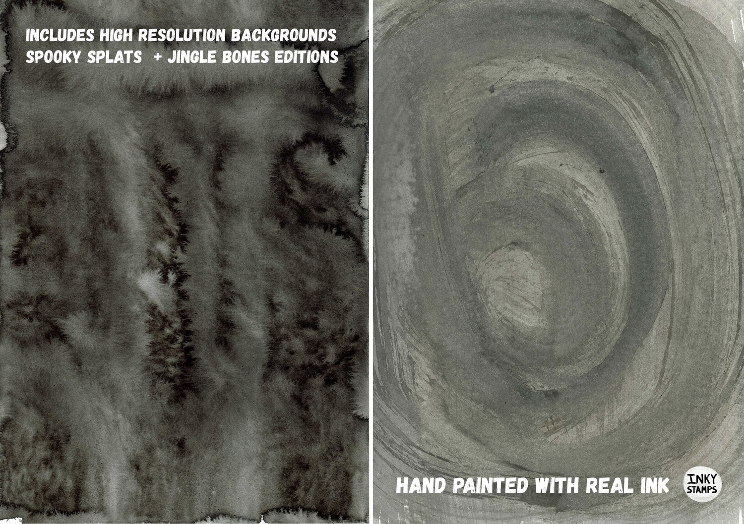 Includes High Resolution Backgrounds - Spooky Splats and Jingle Bones Editions. Hand Painted with Real INK. INKY STAMPS. Texture Backgrounds - INK Bleeds and Ink Wash with Brush Strokes
