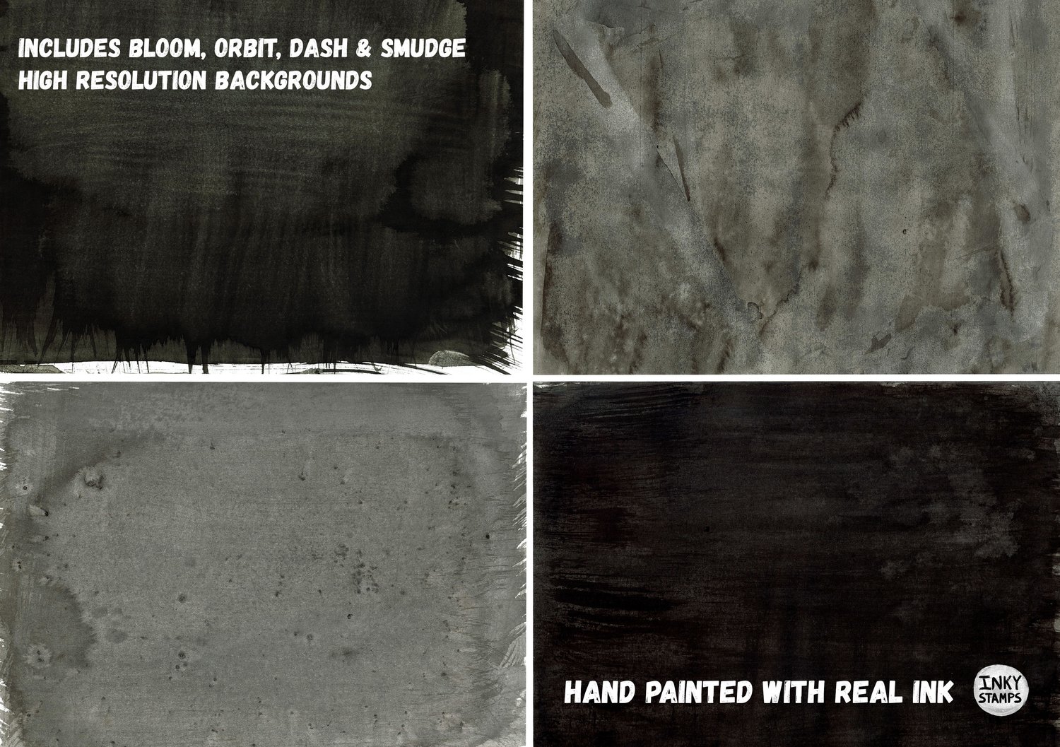 Includes Bloom, Orbit, Dash & Smudge High Resolution Backgrounds,. Hand Painted with Real INK - Texture Background Paintings - Brush Stroked, Ink Wash, Ink Bubbles, Gritty Texture