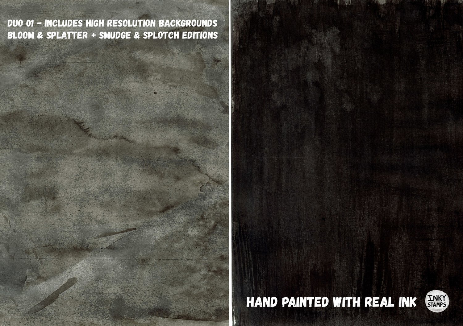Duo 1 Includes High Resolution Backgrounds Bloom & Splatter + Smudge & Splotch Editions. Hand Painted with Real INK. Texture Background Paintings with Brush Strokes. INKY STAMPS