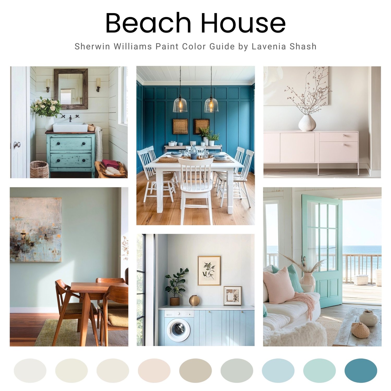 Beach House features 9 tranquil hues - whites, neutrals, greens, and blues - designed for beach houses, coastal farmhouses, and resort-style living.